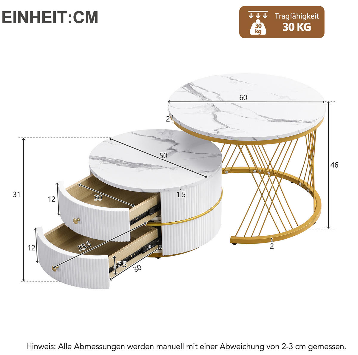 COUCHTISCH-SET aus MDF 60x60x46 cm & 50x50x30,8 cm Weiß mit 2 Schubladen - Weiß, Holzwerkstoff (60/60/46cm) - IVMEU