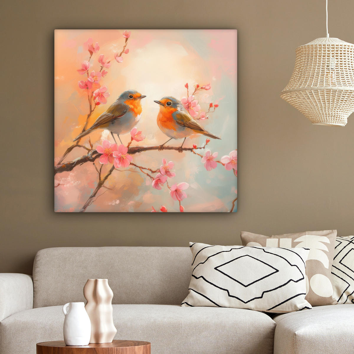 LEINWANDBILD Rotkehlchen - Zierpflanze - Blütenzweig 90x90 cm - Hellrosa, Textil (90/90cm) - MuchoWow