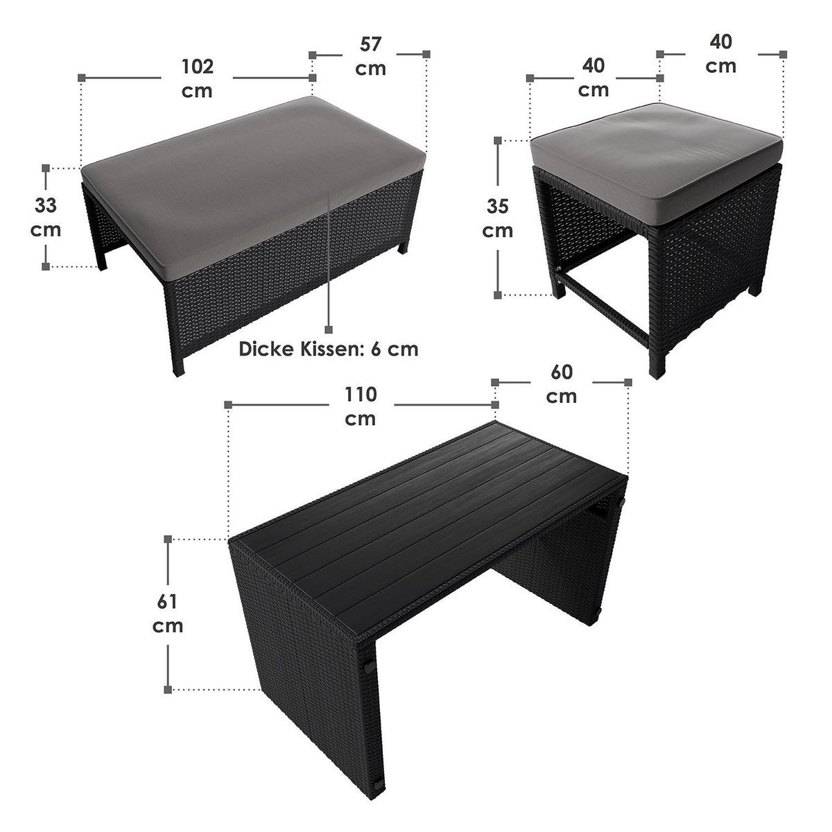 GARTENMÖBELSET Jamaika schwarz (4-tlg.) - Schwarz, Kunststoff/Metall - Juskys