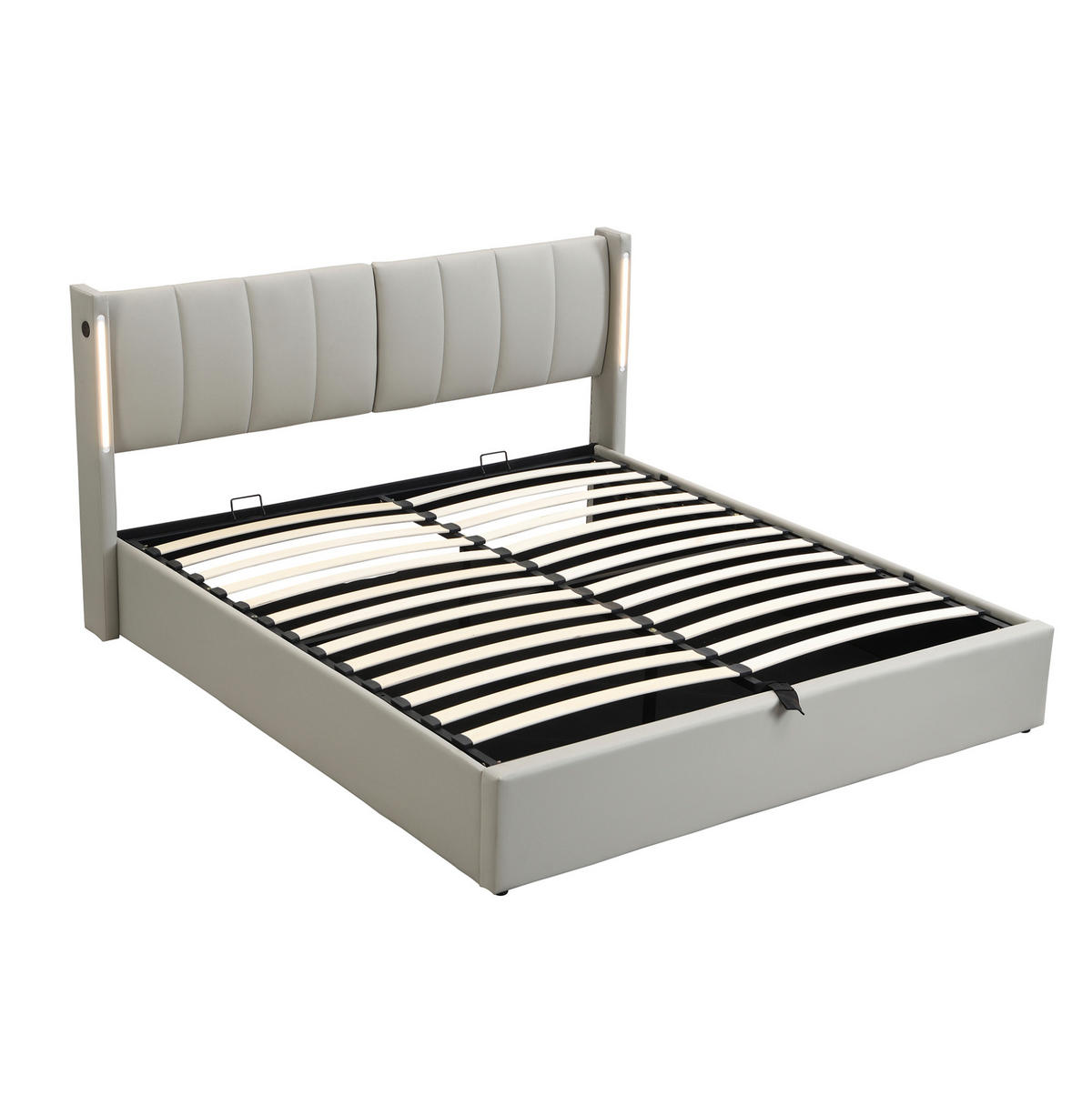 POLSTERBETT mit LED-Beleuchtung 140/200 cm in Grau mit Bettkasten und USB-Anschluss - Grau, Kunststoff (140/200cm) - BEAOK