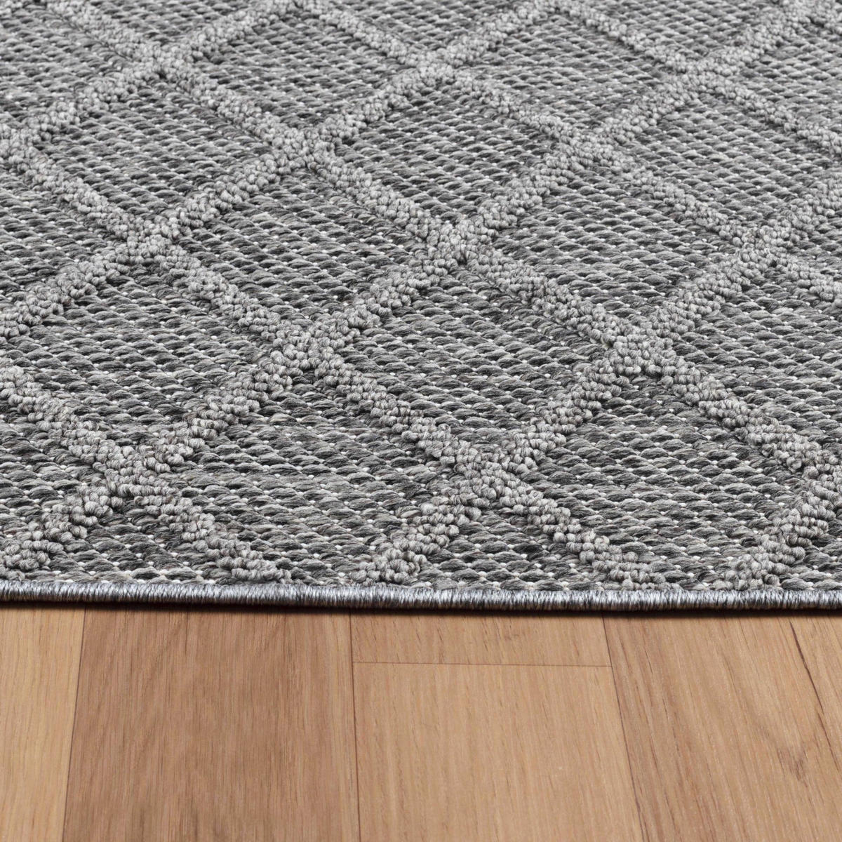 TEPPICH Outdoor Flachgewebe Rauten-Muster Polypropylen Balkon Grau Rechteckig 200x290 - Grau, Textil (200/290cm) - KADIMA DESIGN