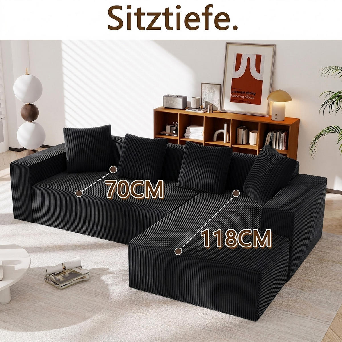 ECKSOFA 261/146/65 cm Schwarz Cord mit L-Liegestühlen - Schwarz, Textil (261/146cm) - Oxeza