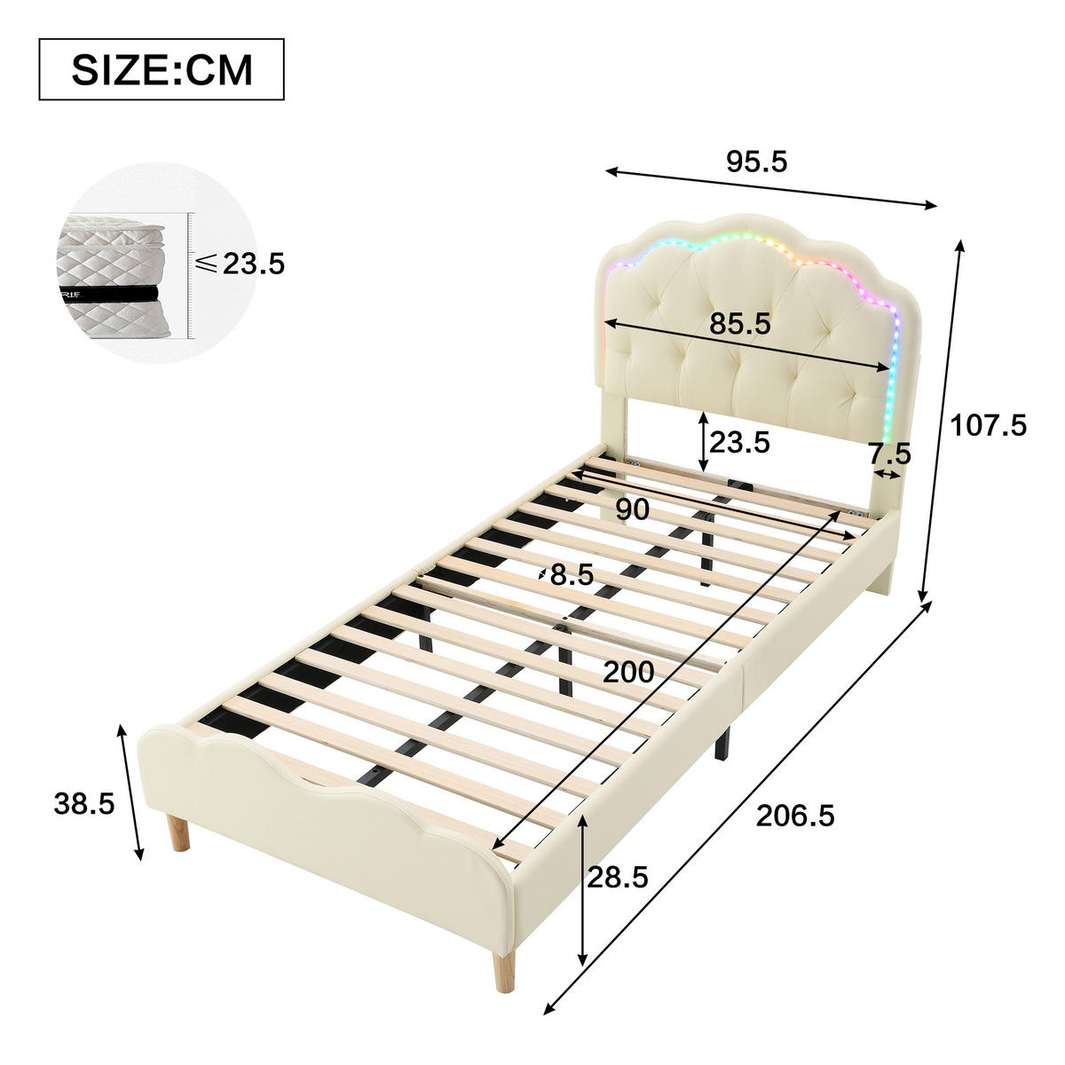 POLSTERBETT 90/200 cm Beige mit Wellenförmigem Kopfteil und LED-Beleuchtung - Beige, Kunststoff (90/200cm) - OKWISH
