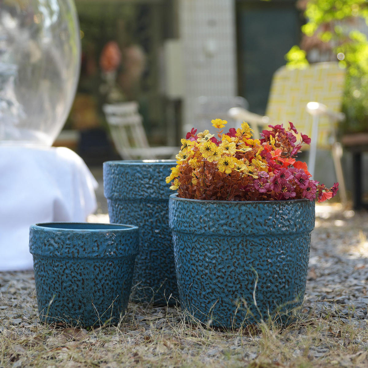 PFLANZKÜBEL großes/handgemachtes Keramikpflanztopf-Set Ø38/31/23 cm - Blau, Keramik (38.1/33cm)