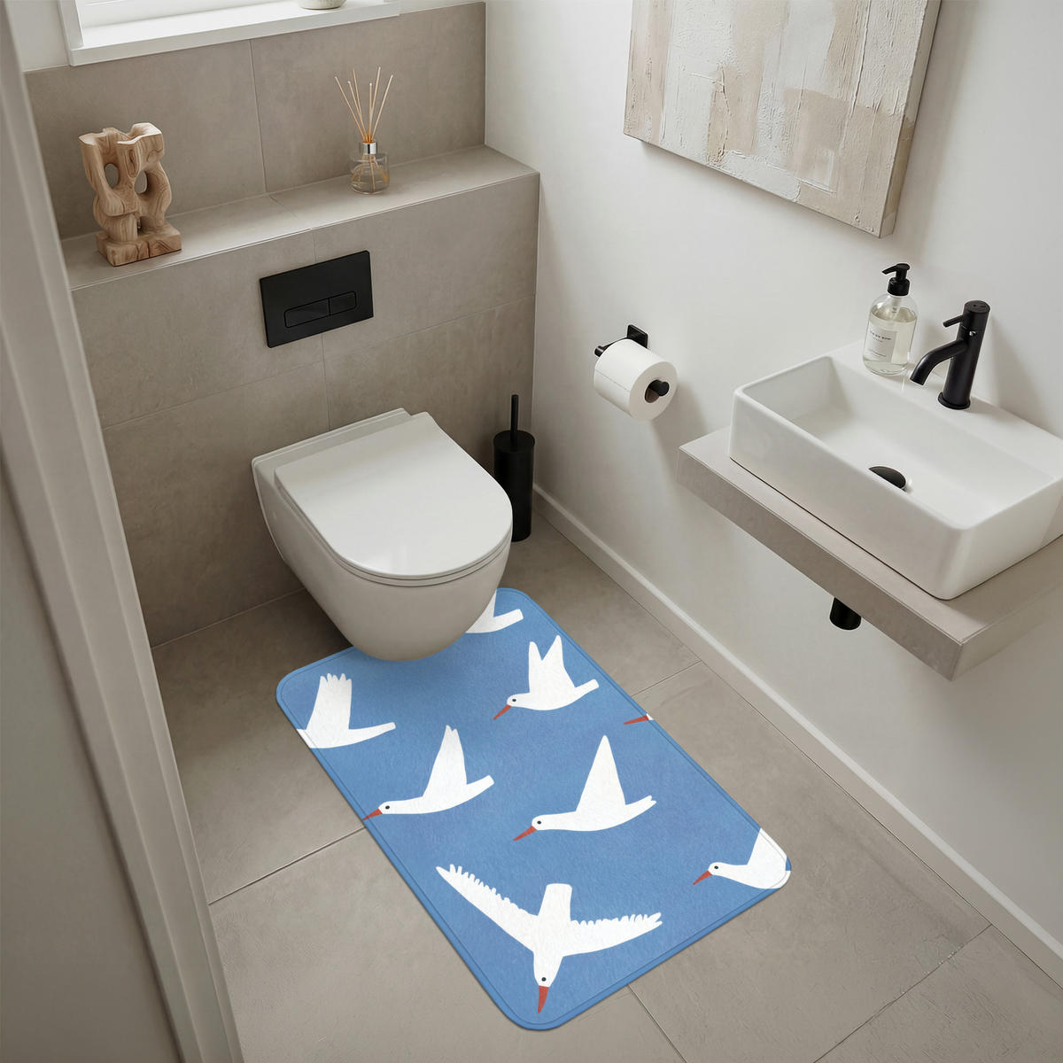 BADEMATTE Vögel - Weiß - Muster 60x90 cm - Blau, Kunststoff/Textil (60/90cm)