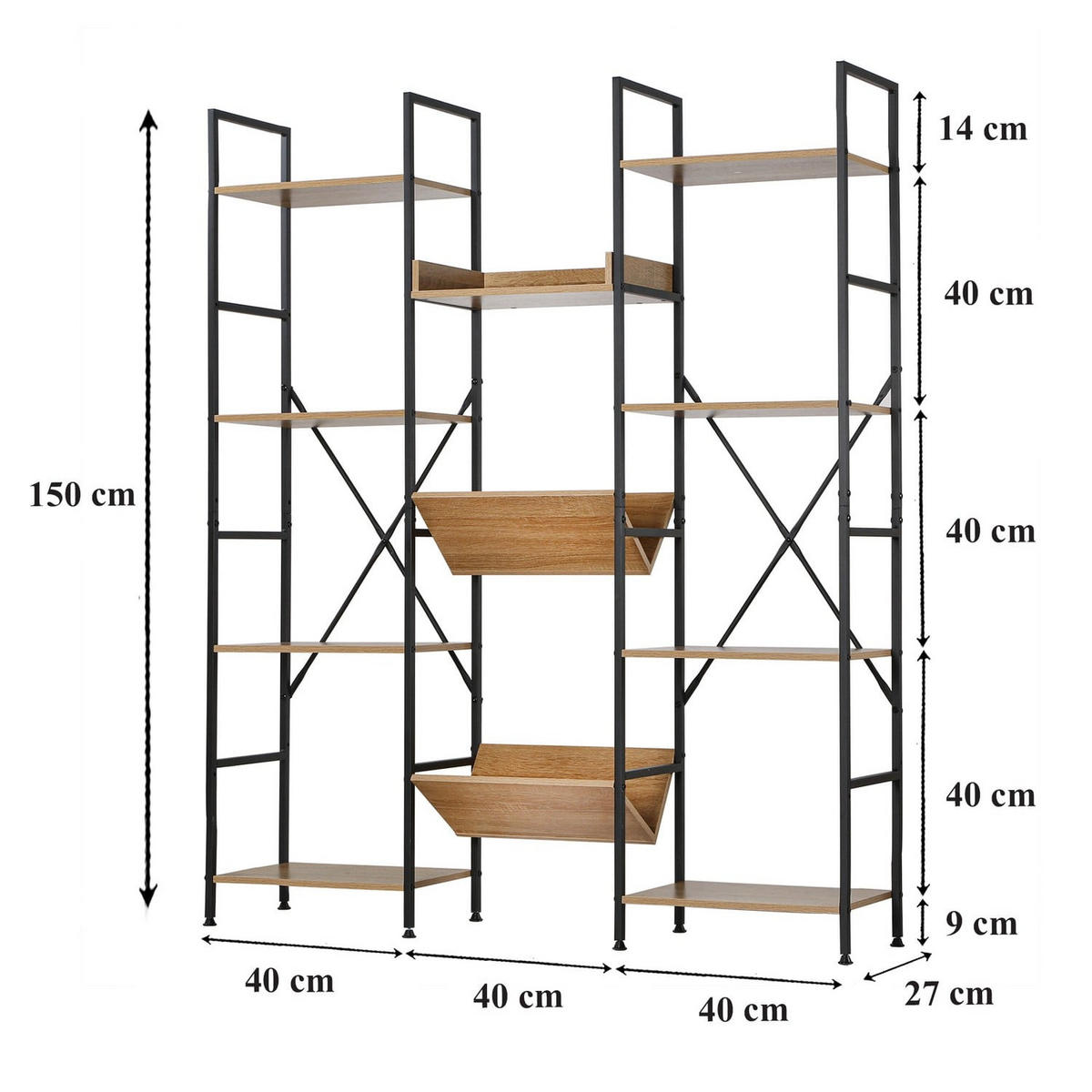 REGAL 11 Ebenen Industrial-Stil - L125 x H150 cm - Eschefarben, Holzwerkstoff (27/150/125cm) - Calicosy