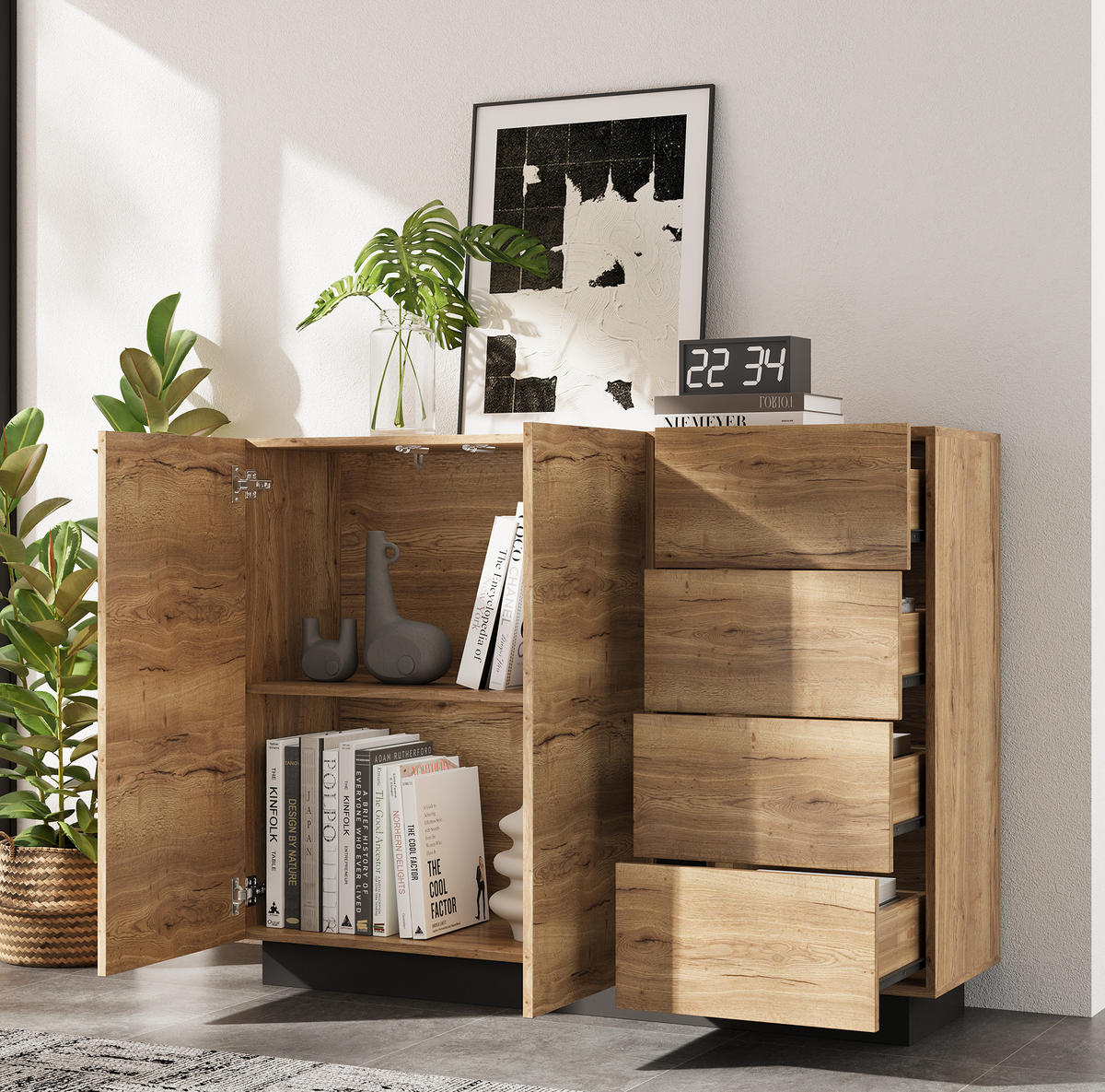 SIDEBOARD aus Spanplatte 120/35,5/90,5 cm mit 4 Schubladen, 2 Türen und Push-to-open, Schwarz/Natur - Naturfarben, Holzwerkstoff (120/90.5/35.5cm) - Redom