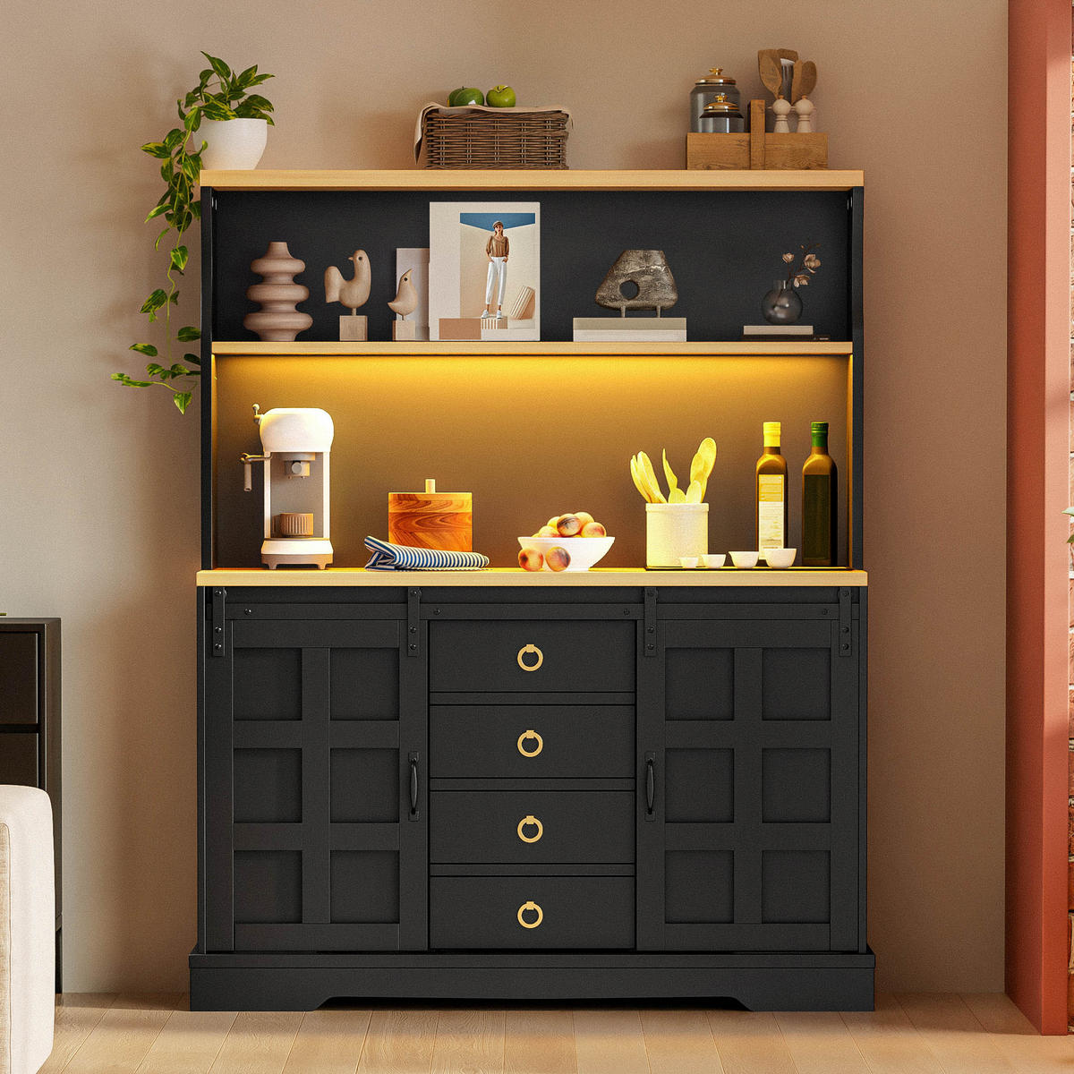 BUFFET 150 cm MDF Schwarz Scheunenstil mit RGB-LED und Weinregal - Schwarz, Holzwerkstoff (40/150/120cm) - Korfee