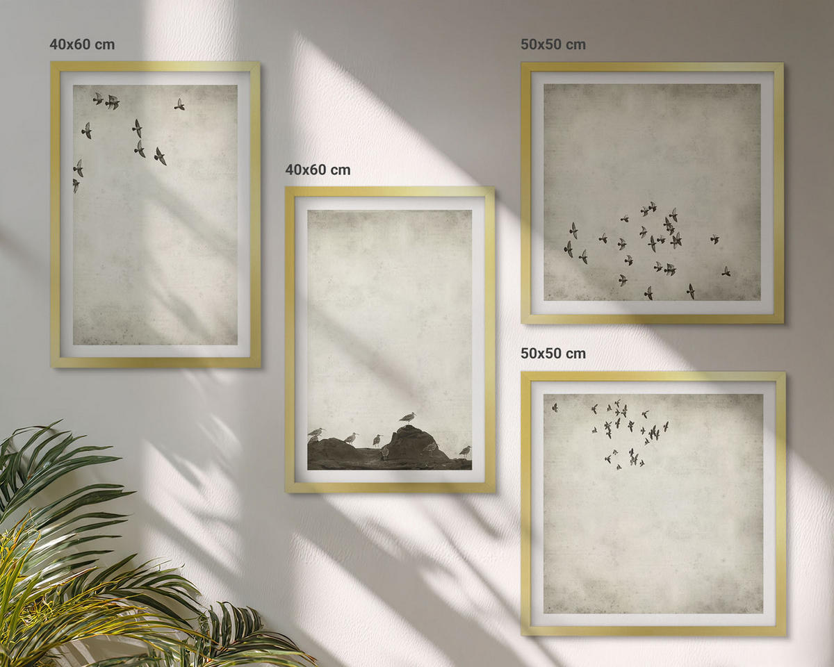 WANDBILDER 4er Set - 50x50 cm & 40x60 cm Goldrahmen - Minimalistische Vogelmalerei - Goldfarben, Kunststoff (50/50cm) - ArtPrintCave
