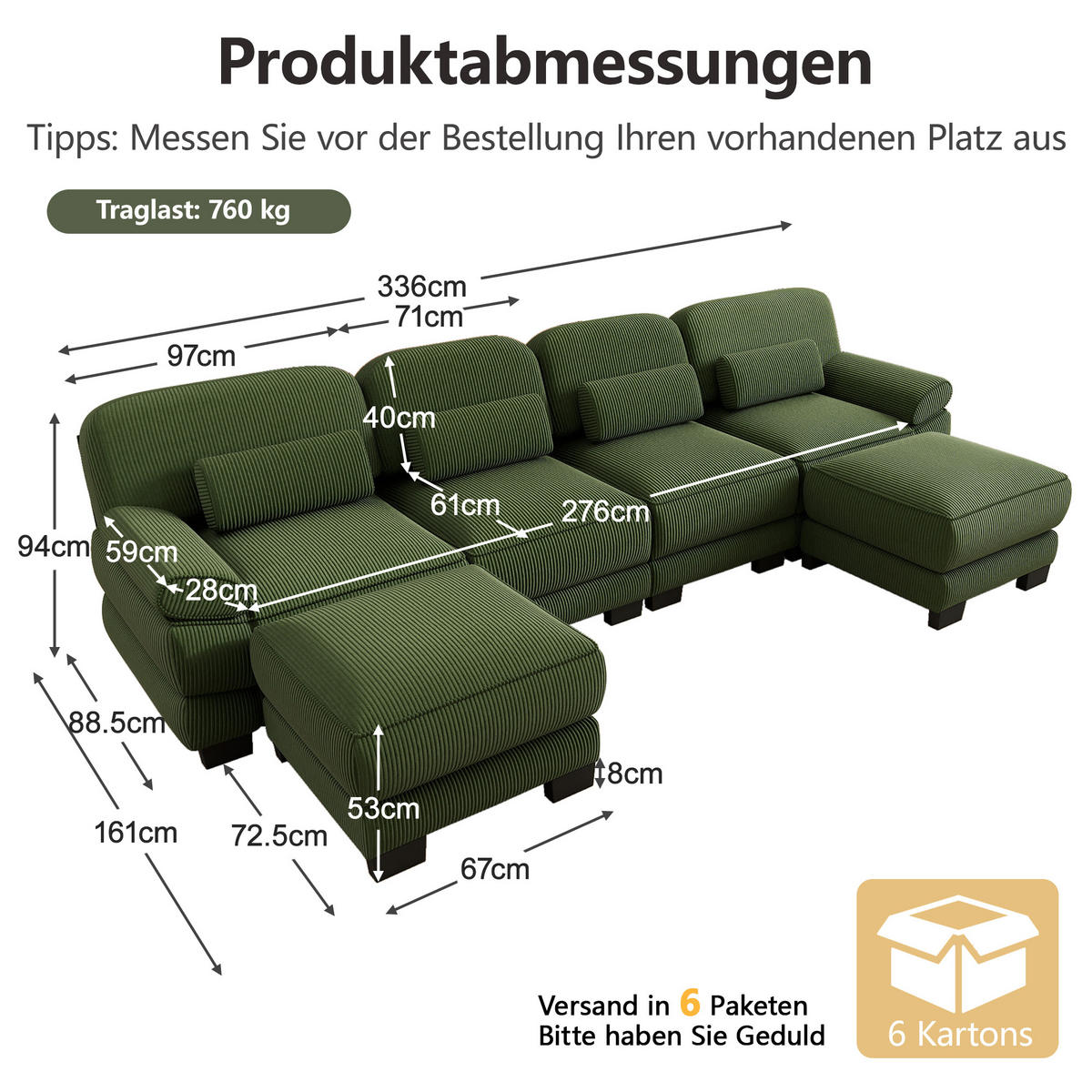 WOHNLANDSCHAFT 4-Sitzer U-Form mit 2 Hockern, DE-42659, Grün - Grün, Holz (336/94/161cm) - ComfortXL