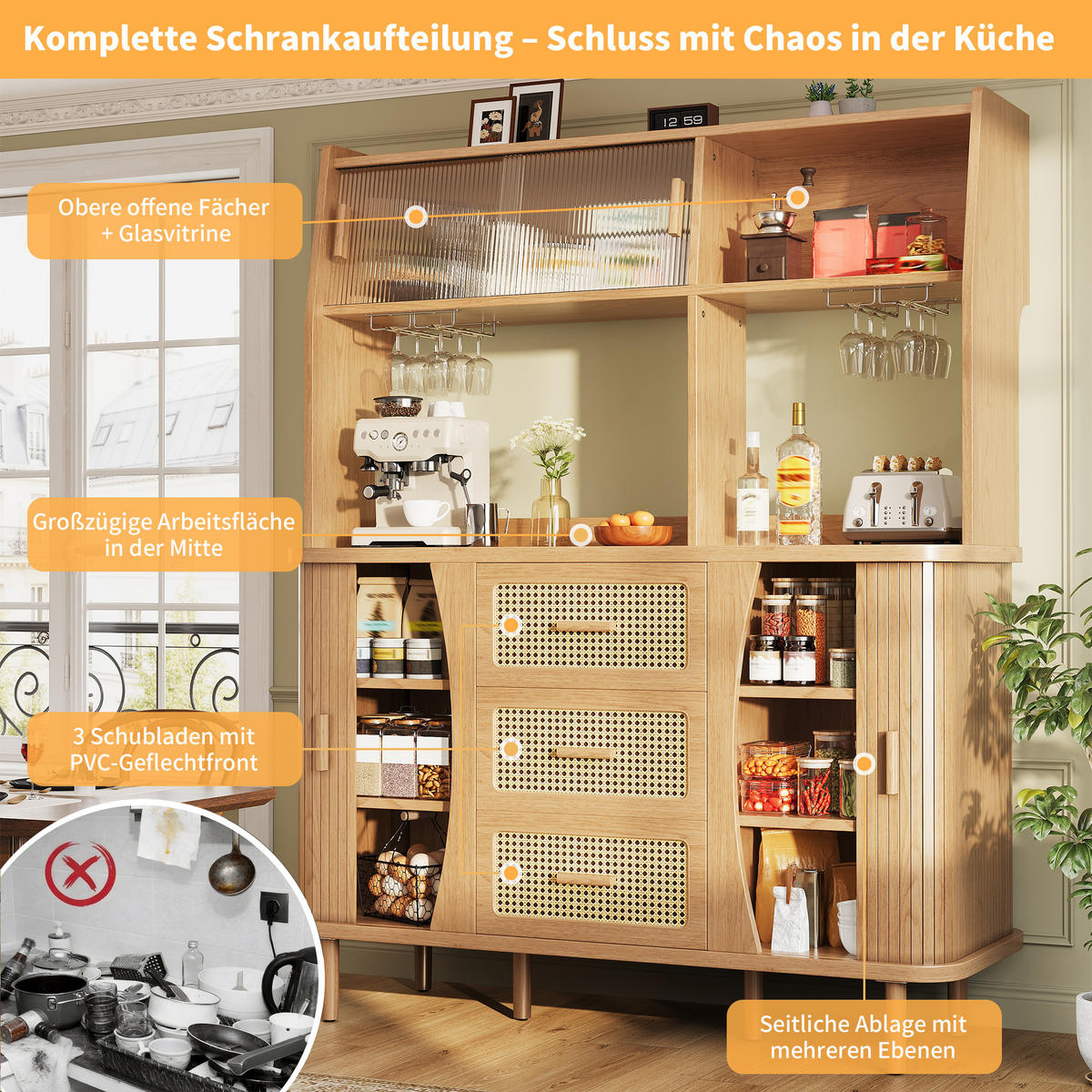 BUFFETSCHRANK Naturholzfarben 140/40.5/174.5 cm - Naturfarben, Holz (140/174.5/40.5cm) - PANGIVO