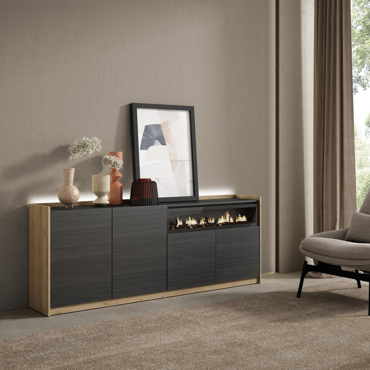 SIDEBOARD, Schwarz und Eiche, 207/37/80cm, Kamin mit Feuereffekt - Schwarz, Holzwerkstoff (207/80/37cm) - Skraut Home