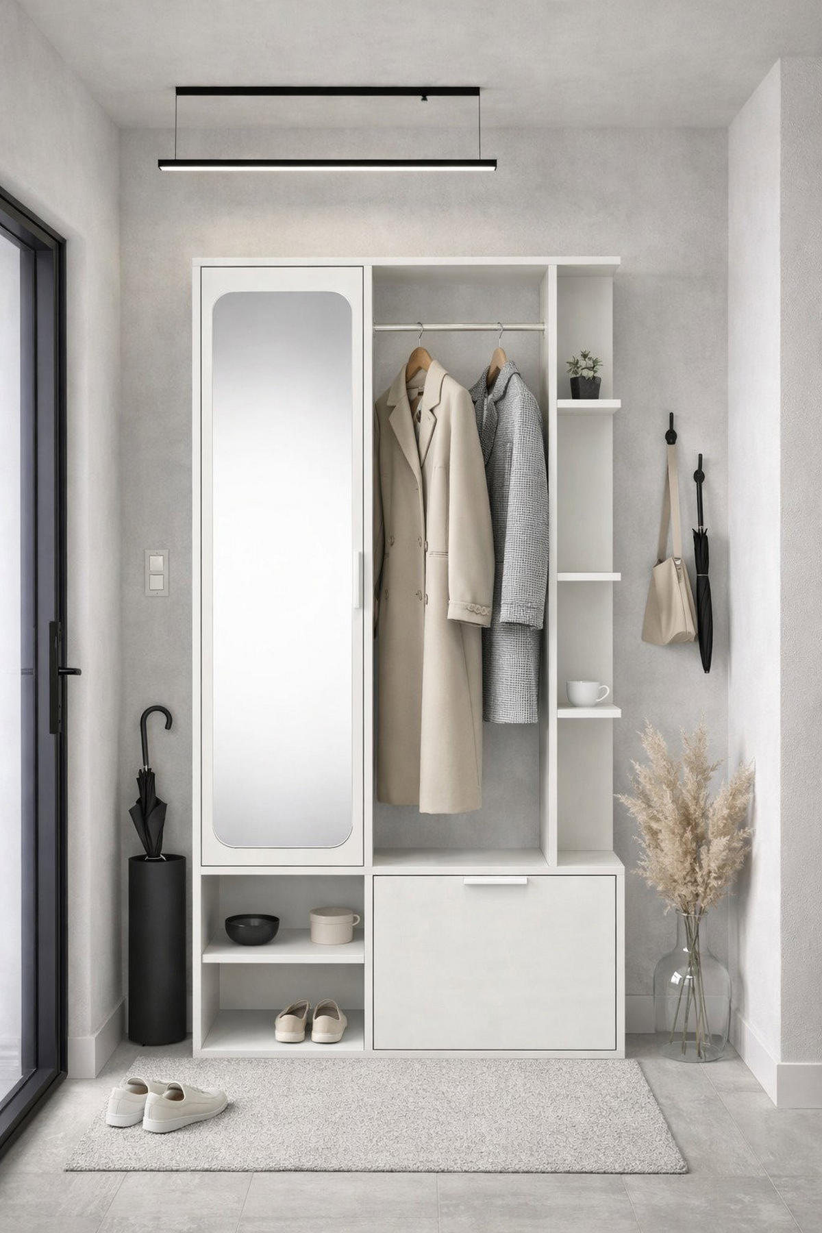GARDEROBE Mela mit Spiegel, Sitzbank & Kleiderstange – 100/189/33 cm – Weiß - Weiß, Holzwerkstoff/Metall (100/189.4/33cm) - WFL GROUP