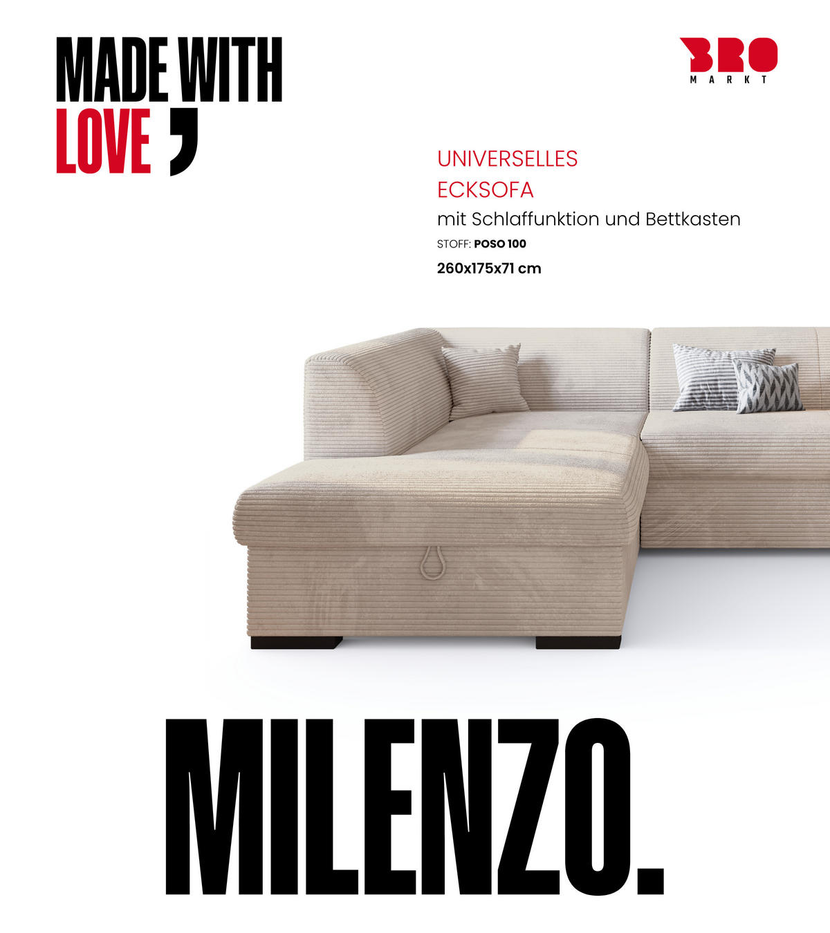 ECKSOFA mit Schlaffunktion Cordstoff MILENZO Vanille Rechts - Creme, Holz (260/175cm) - Bromarkt