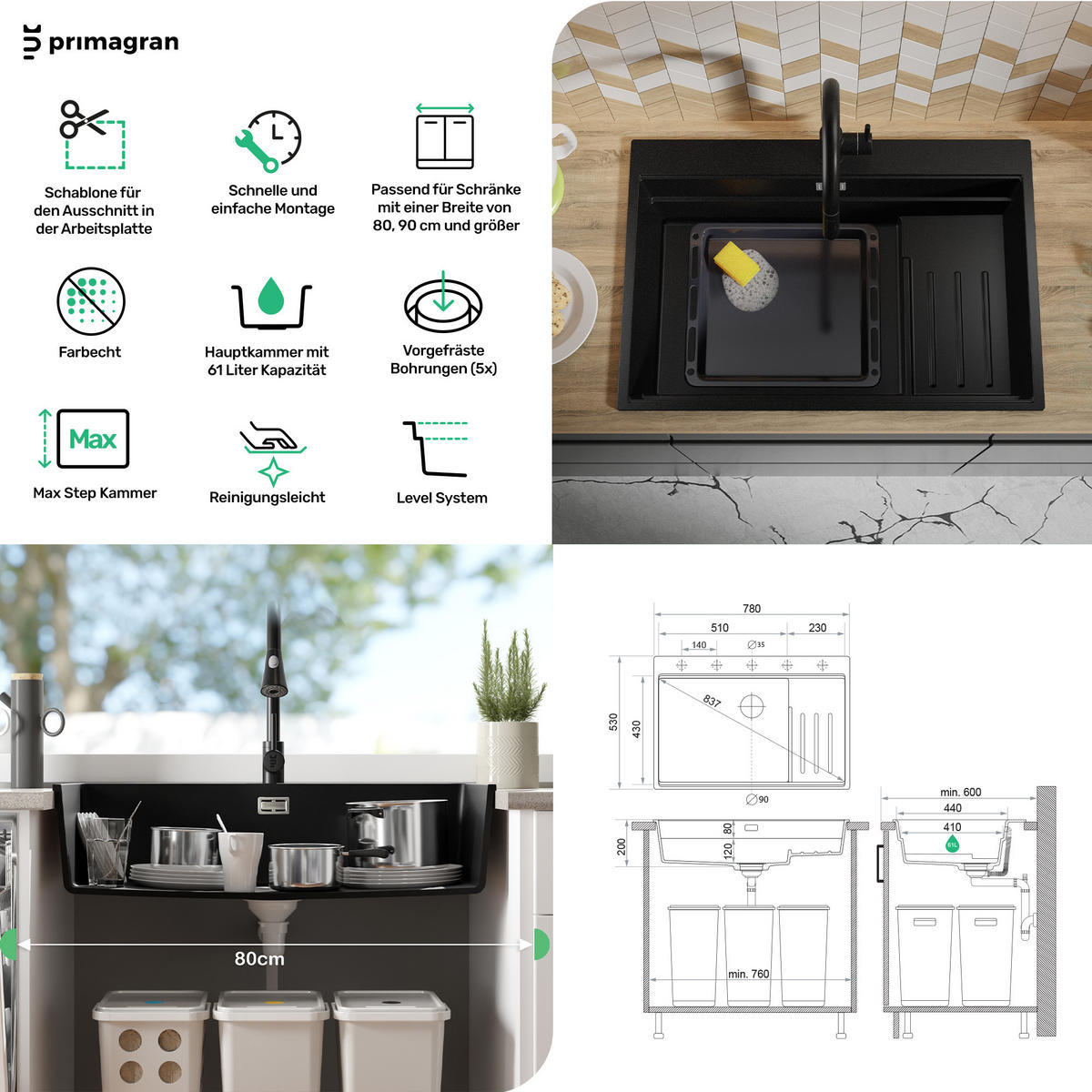 GRANITSPÜLE Oslo Max, 2-er set Schwarz 78/53 cm 1 Becken + Küchenarmatur 40/38 cm + Ablauf-Set + Küchenzubehörset ab 80er Unterschrank - Chromfarben/Beige, Kunststoff (78/20/53cm) - Primagran