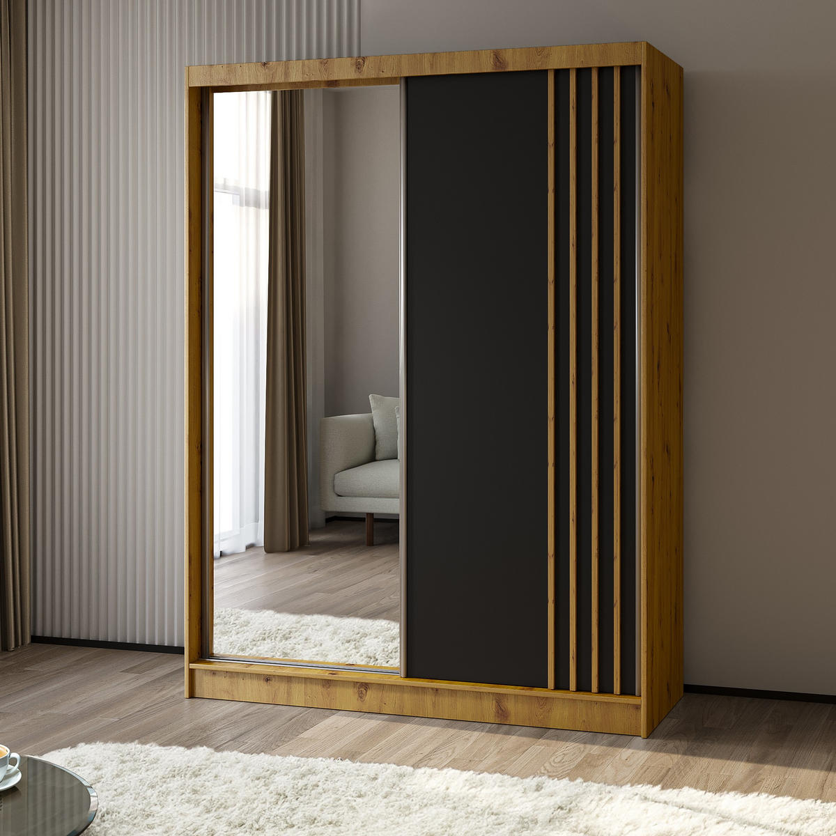 SCHWEBETÜRENSCHRANK NELVIA 160/216/61 cm 2-türig mit Spiegel Eiche Artisan - Schwarz/Eiche Artisan, Holzwerkstoff (160/216/61cm) - MASSENO