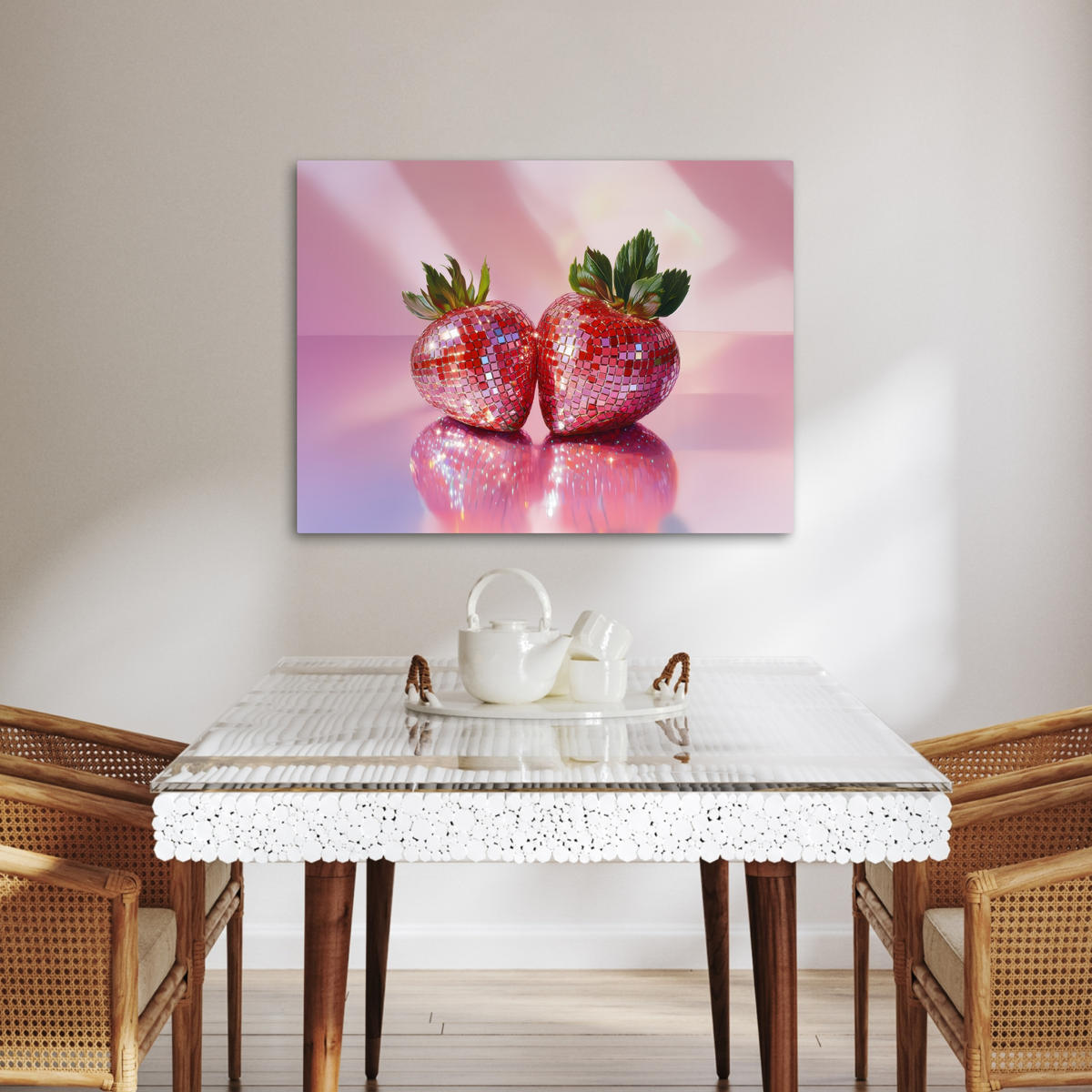 LEINWANDBILD Disco - Obst - Glitzer - Erdbeere Wandbilder 80x60 cm - Pink, Textil (80/60cm) - MuchoWow