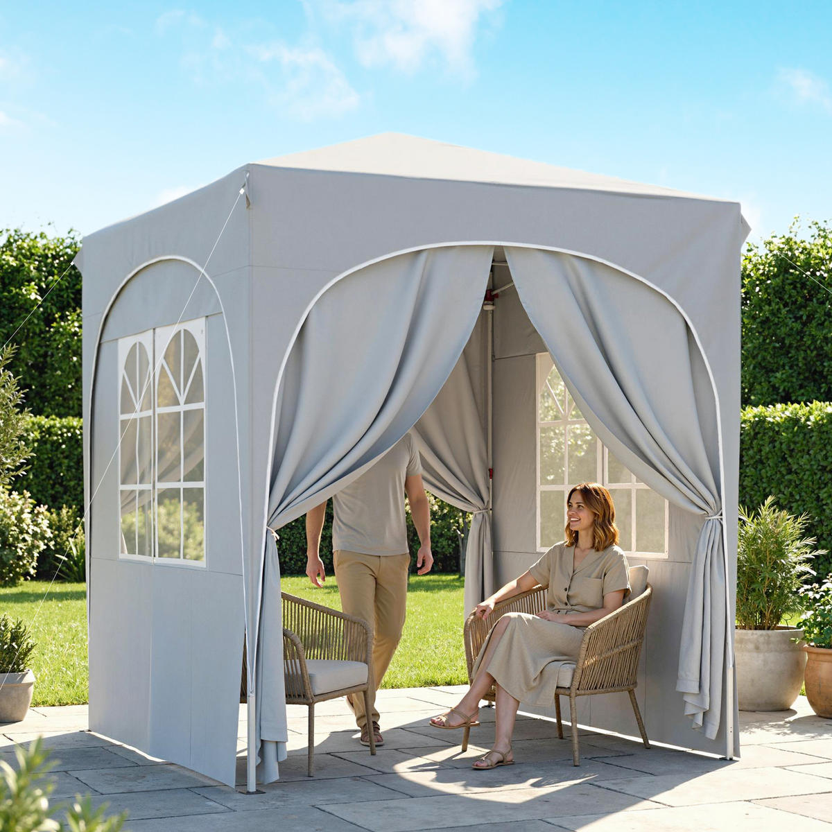 PAVILLON DE-14057 Pop-up 2/2 m, höhenverstellbar, UV50+, 4 Seitenwände Hellgrau - Hellgrau, Metall (203/251/203cm) - ComfortXL
