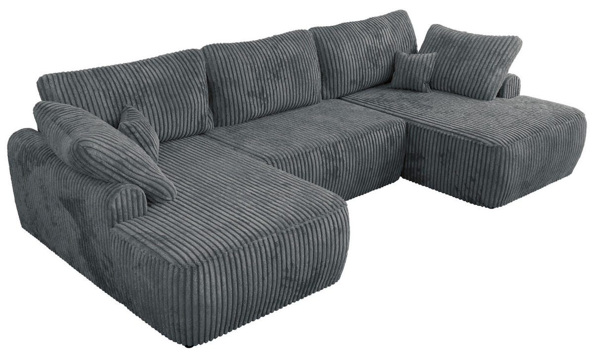 WOHNLANDSCHAFT CUBO U Dunkelgrau Cord - Dunkelgrau/Schwarz, Kunststoff/Textil (370/100/187cm) - MKS