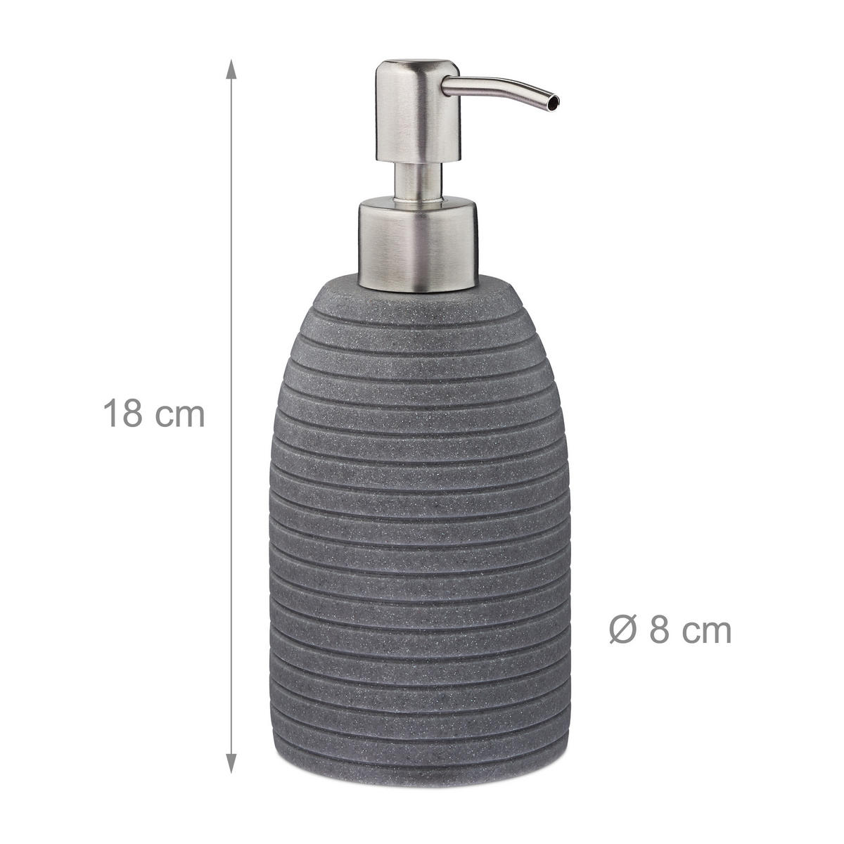 SEIFENSPENDER Grau Polyresin geriffelt Edelstahlpumpe 300 ml - Grau, Kunststoff/Metall (8/18/8cm) - Relaxdays