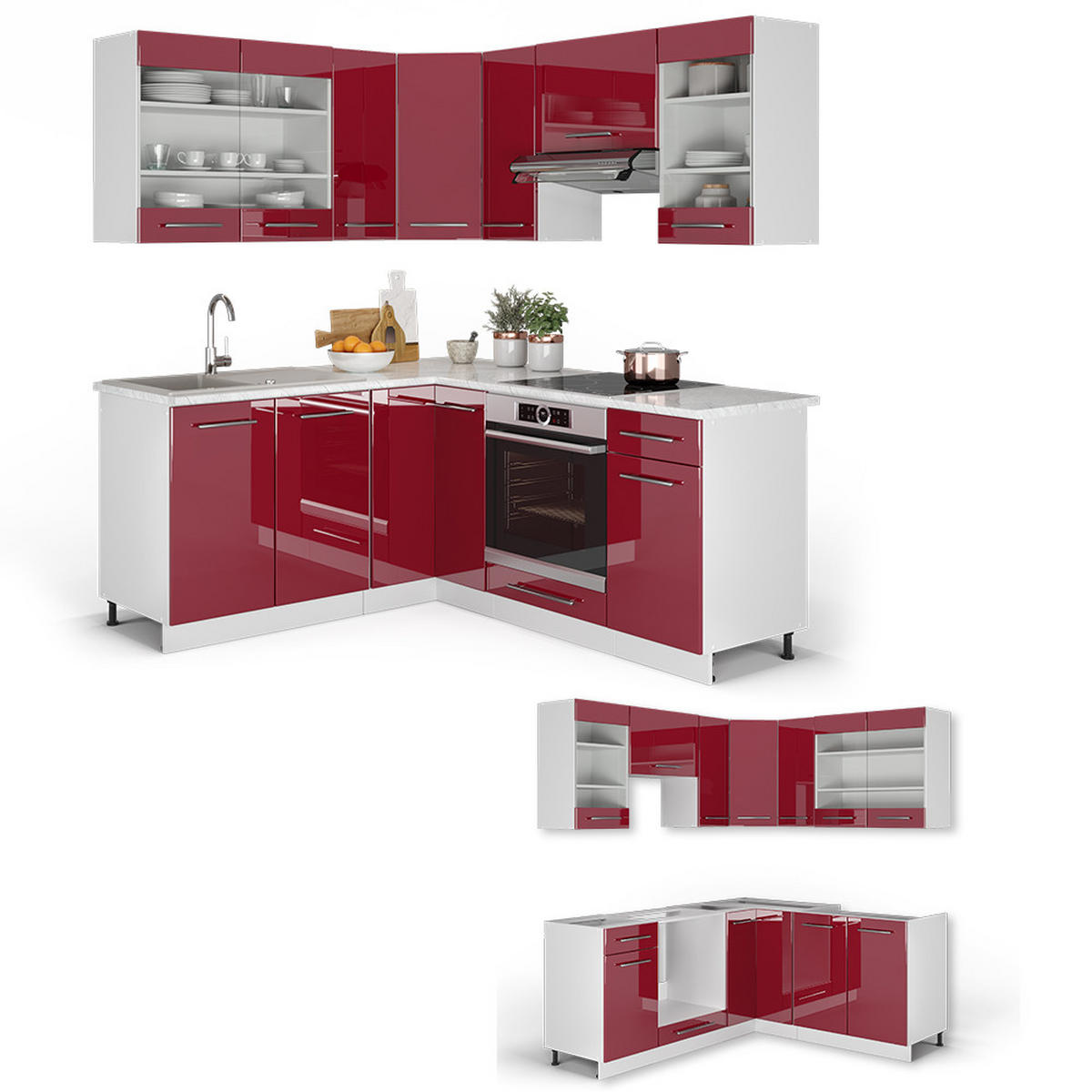 ECKKÜCHE Fame-Line Bordeaux Hochglanz/Weiß 160 x 60 cm ohne AP - Bordeaux/Weiß, Holzwerkstoff (190/81.6/46cm) - Vicco