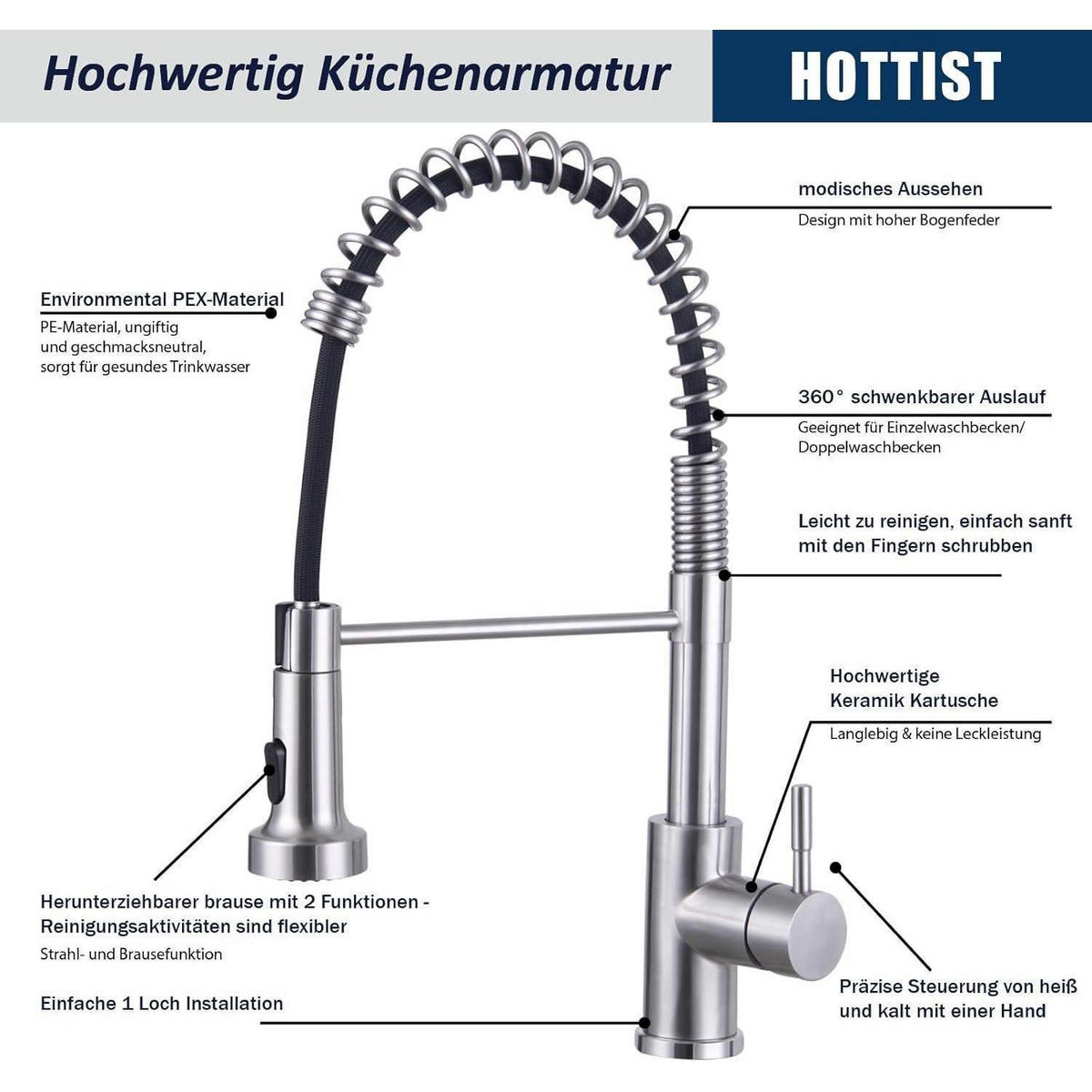 KÜCHENARMATUR mit Brause ausziehbar Edelstahl gebürstet 2 Modi 360° drehbar - Silberfarben, Metall (20/4/30cm)