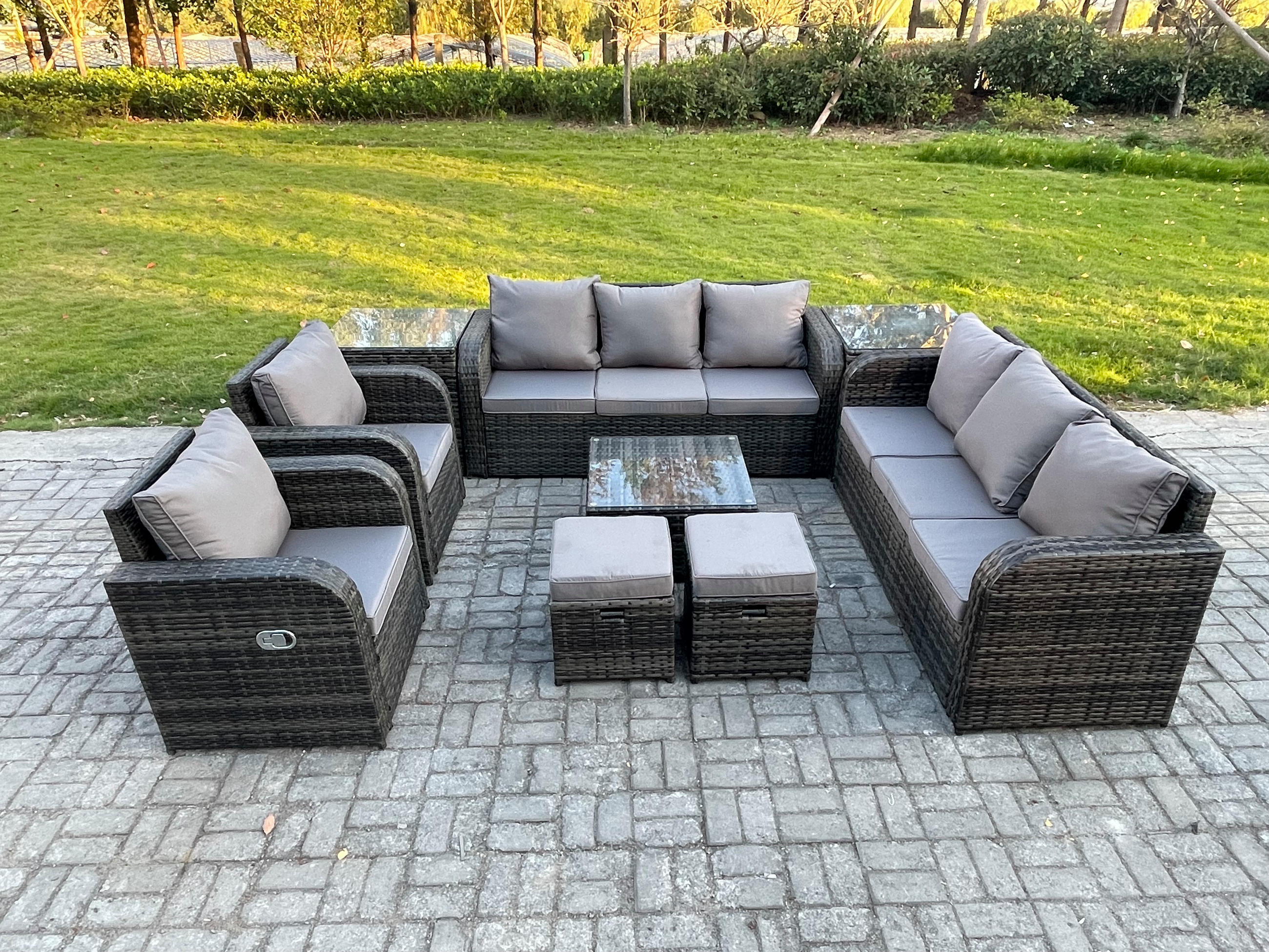 GARTENTISCHGRUPPE Polyrattan Dunkelgrau 9-teilige - Dunkelgrau/Grau, Glas/Kunststoff - Fimous