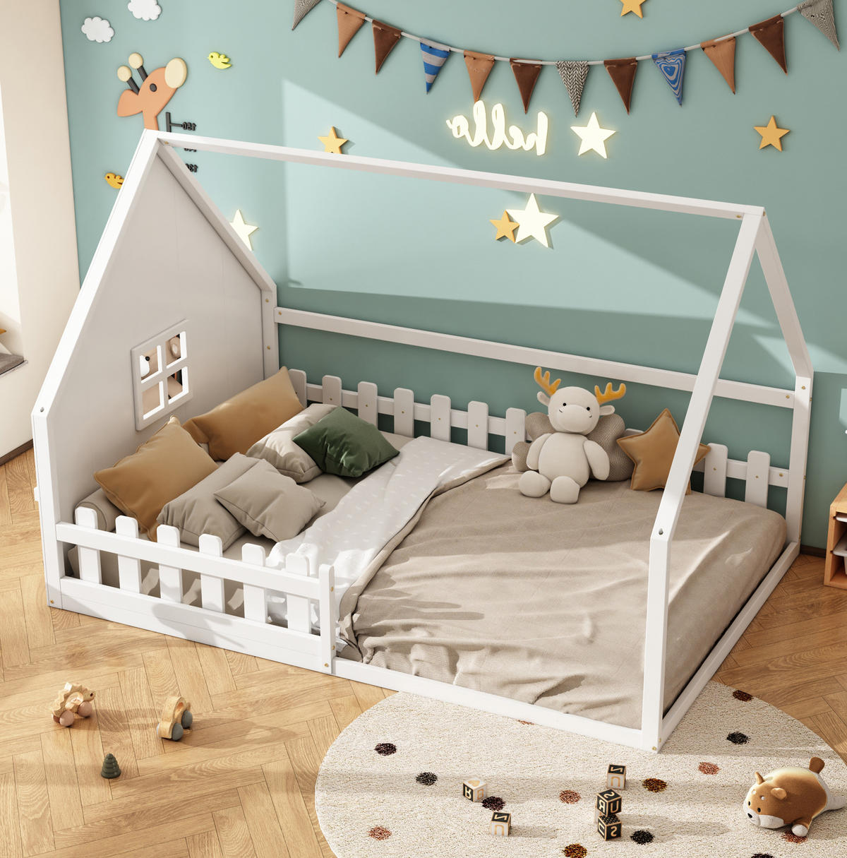 KINDERBETT 140/200 cm mit Hausrahmen und Geländer aus Kiefer und MDF, Weiß - Weiß, Holzwerkstoff (140/200cm) - Redom