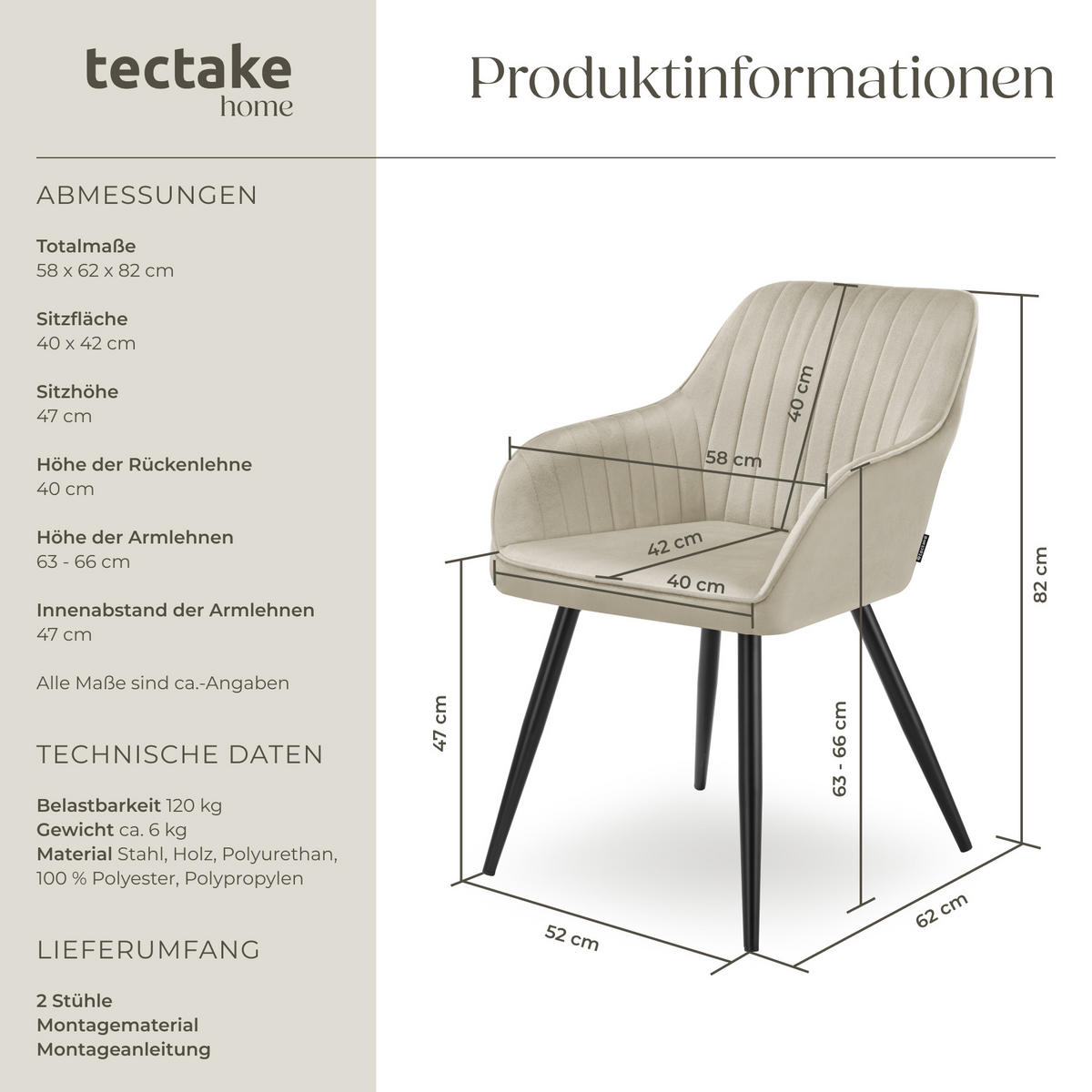 ESSZIMMERSTUHL 2er Set Marilyn 58 x 62 x 82 cm creme/schwarz - Creme/Schwarz, Metall (58/82/62cm) - tectake