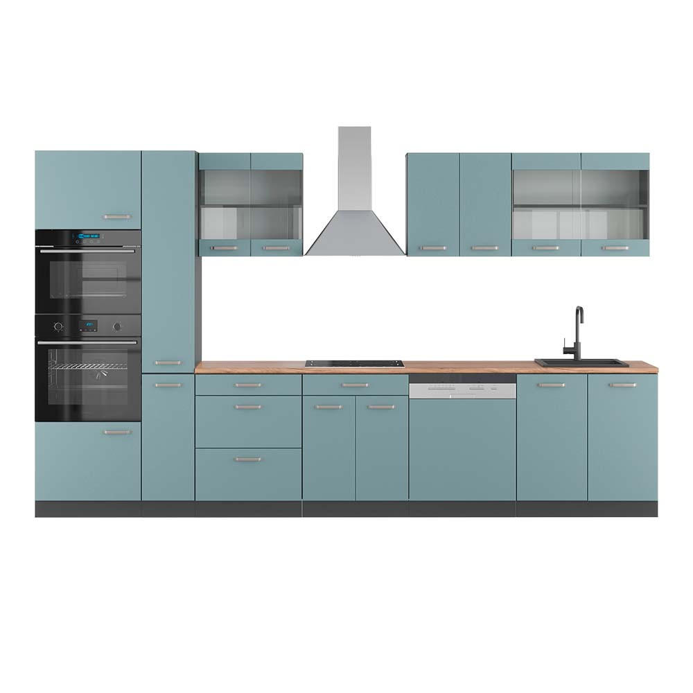 KÜCHENZEILE R-Line Blau-Grau/Anthrazit 350 cm mit Hochschrank AP Eiche - Anthrazit/Blaugrau, Holzwerkstoff (350/81.6/60cm) - Vicco