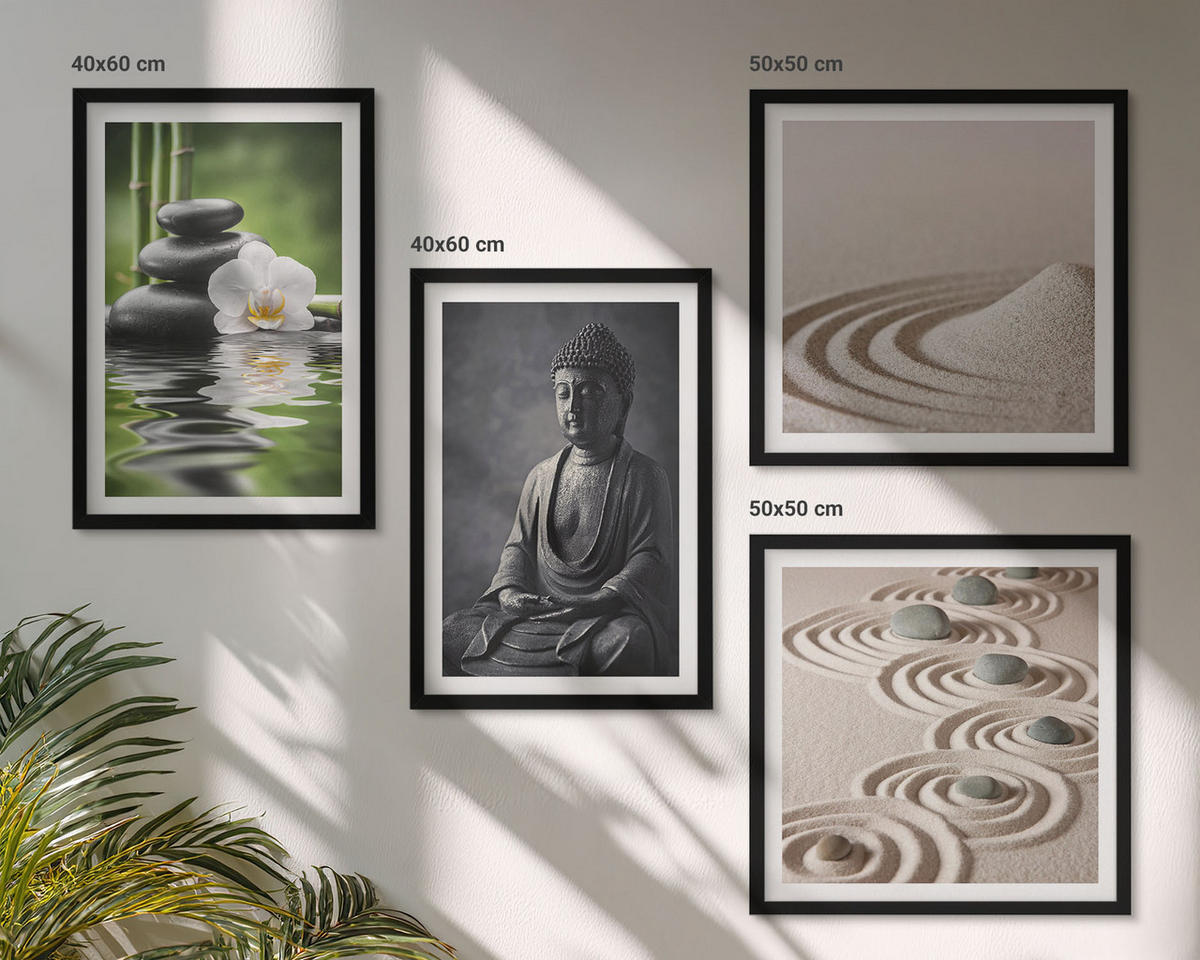 WANDBILDER 4er-Set - 50x50 cm & 40x60 cm Schwarzer Rahmen - Ein entspannter Buddha am Strand - Schwarz, Kunststoff (50/50cm) - ArtPrintCave