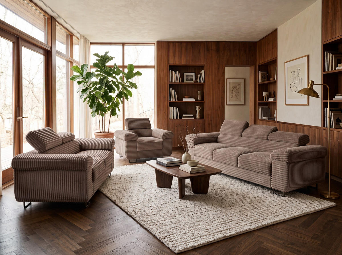 GUSTAW Sitzgarnitur 3+2+1, Schlafsofa 3-Sitzer, Cordbezug Cappuccino - Cappuccino, Textil (225/92/101cm) - KS Home Concept