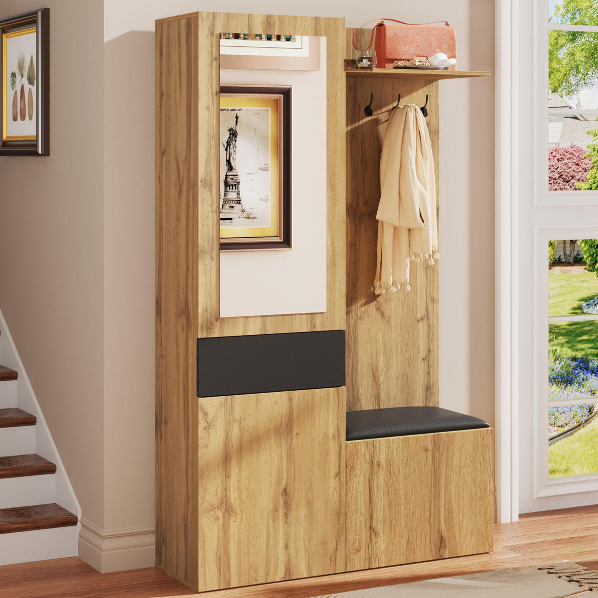 GARDEROBE 98,5/191/38 cm Schwarz/Natur aus MDF mit Spiegel - Schwarz, Holzwerkstoff (38/191/98.5cm) - OKMYHOME
