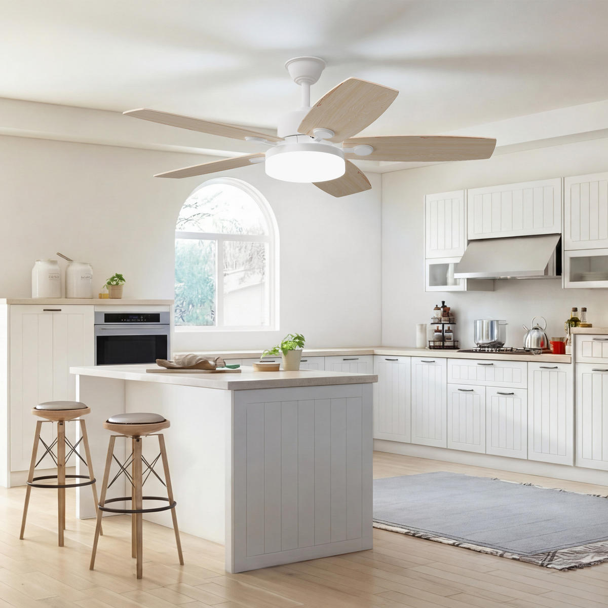 DECKENVENTILATOR mit LED-Licht, 106,6 cm, 5 Holzflügel, 6 Stufen & Timer - Naturfarben, Metall (106.6/106.6/39cm) - EuroLiving