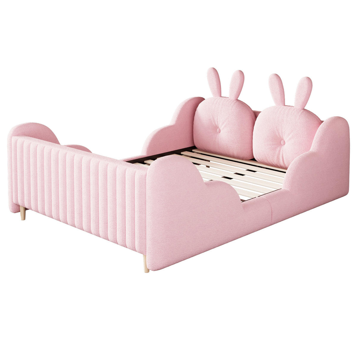 POLSTERBETT 140/200 cm in Rosa Teddyplüsch mit Hasenkissen - Rosa, Holzwerkstoff/Textil (140/200cm) - WISHDOR