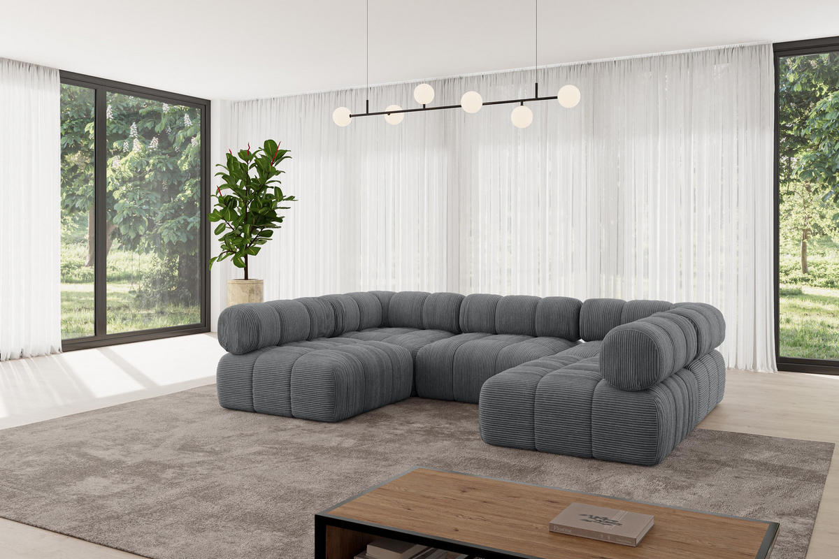 WOHNLANDSCHAFT modulares Sofa Garvo-U1 - 285x190x70 cm Dunkelgrau Cord - Dunkelgrau, Holzwerkstoff/Textil (285/70/190cm) - ALTDECOR