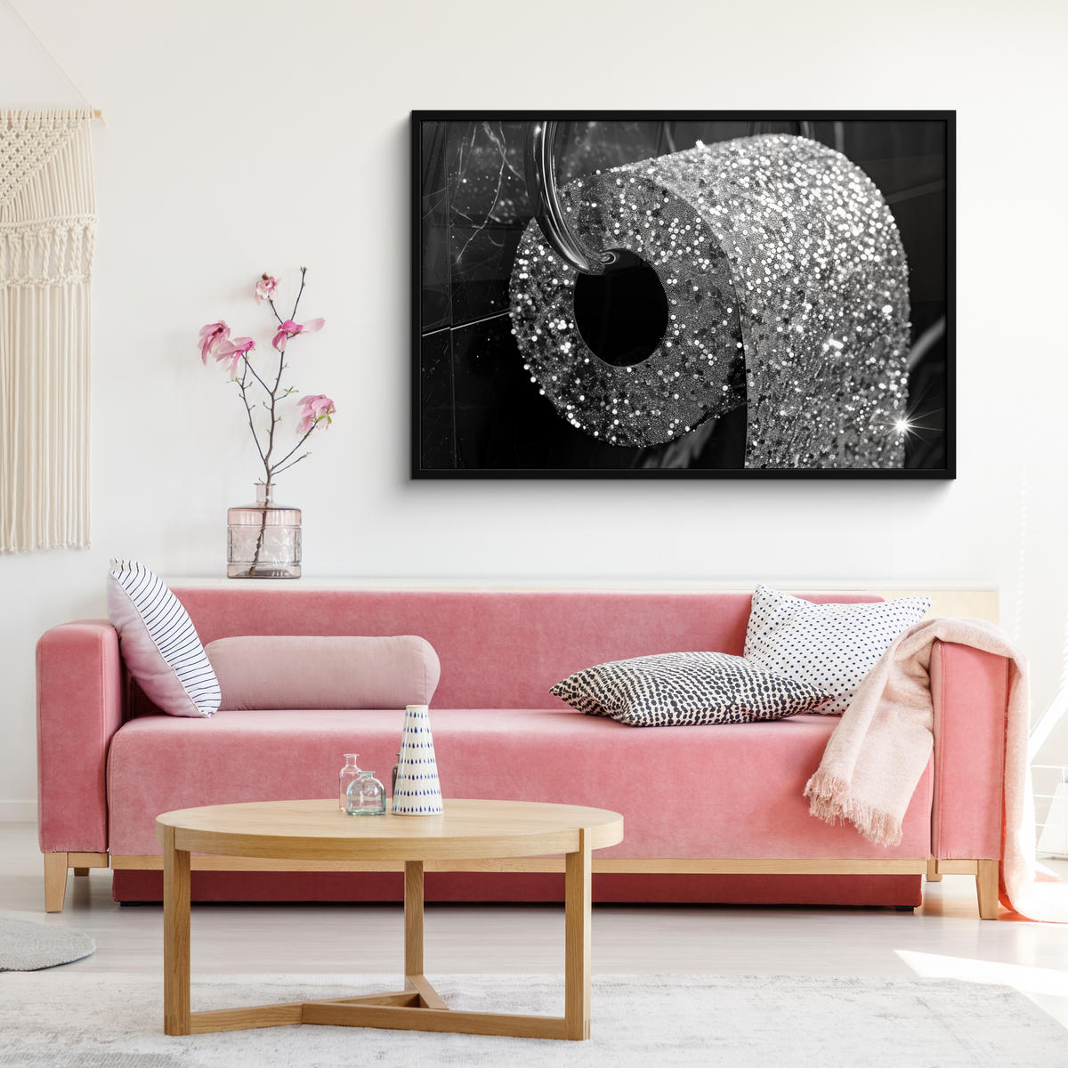 ZARÁMOVANÝ PLAGÁT WC - toaletný papier - čiernobiely - trblietky 120x80 cm - strieborná, papier (120/80cm) - MuchoWow