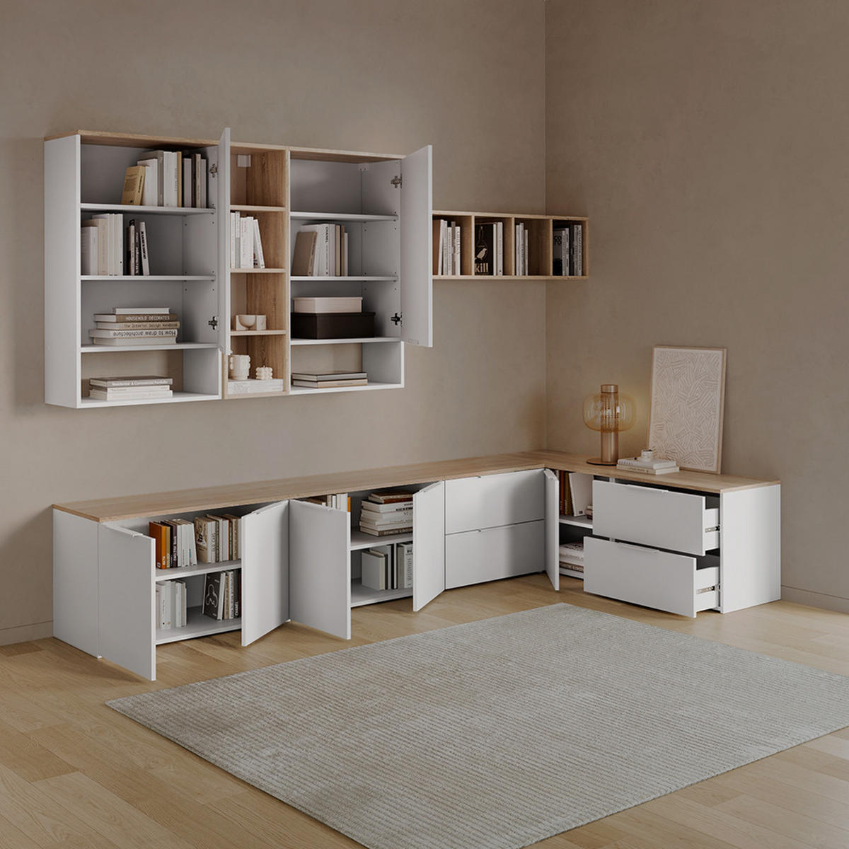WOHNWAND Piave Weiß/Sonoma 5 Teile - Weiß/Sonoma Eiche, Holzwerkstoff (80/50/40cm) - Livinity®