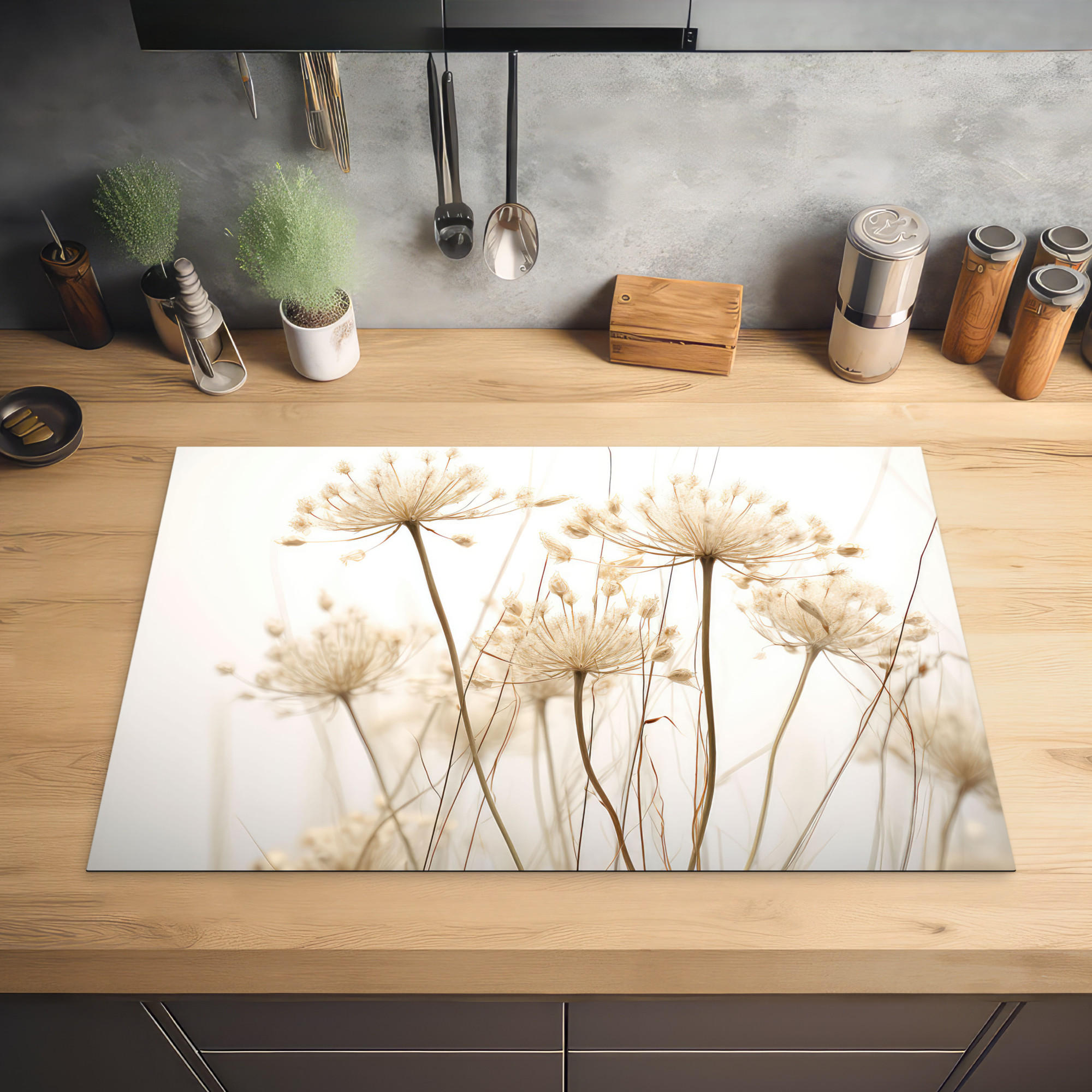 HERDABDECKPLATTE Blumen - Weiß - Sonnenlicht 80x52 cm - Ecru, Kunststoff (80/0.2/52cm) - MuchoWow
