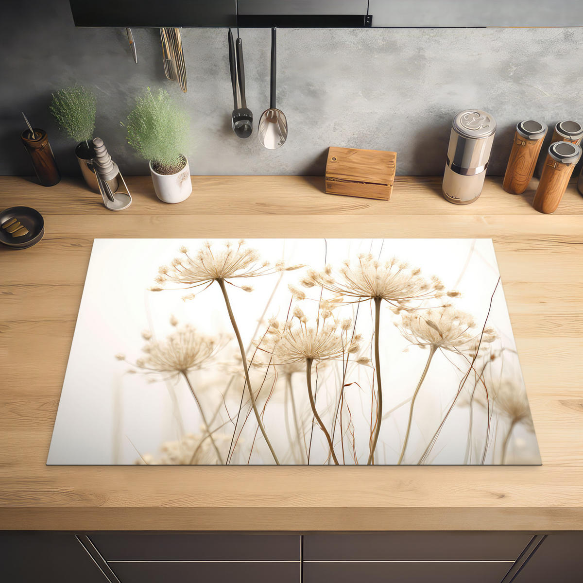HERDABDECKPLATTE Blumen - Weiß - Sonnenlicht 80x52 cm - Ecru, Kunststoff (80.2/0.2/52.2cm) - MuchoWow