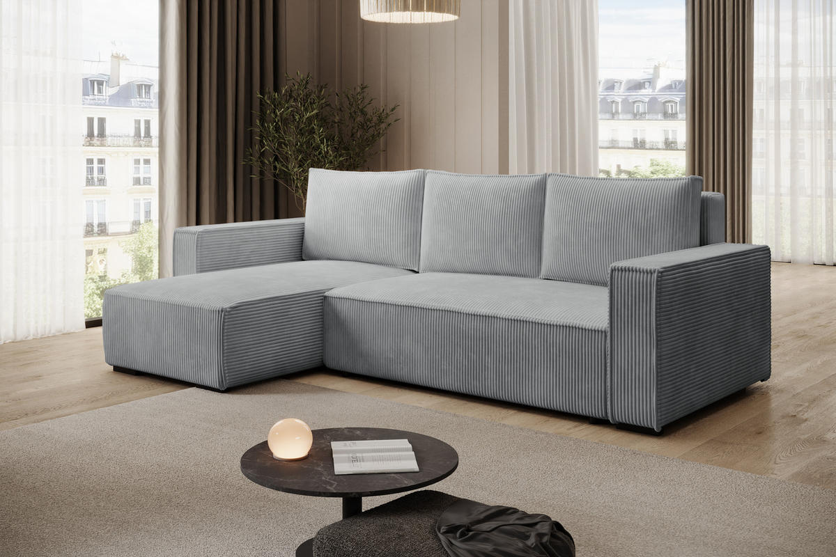 ECKSOFA CUDDY L, Eckcouch in L-Form mit Schlaffunktion und Bettkasten, Farbe: Grau, Cordstoff, Ottomane Links - Grau, Textil (240/140cm) - Storez24