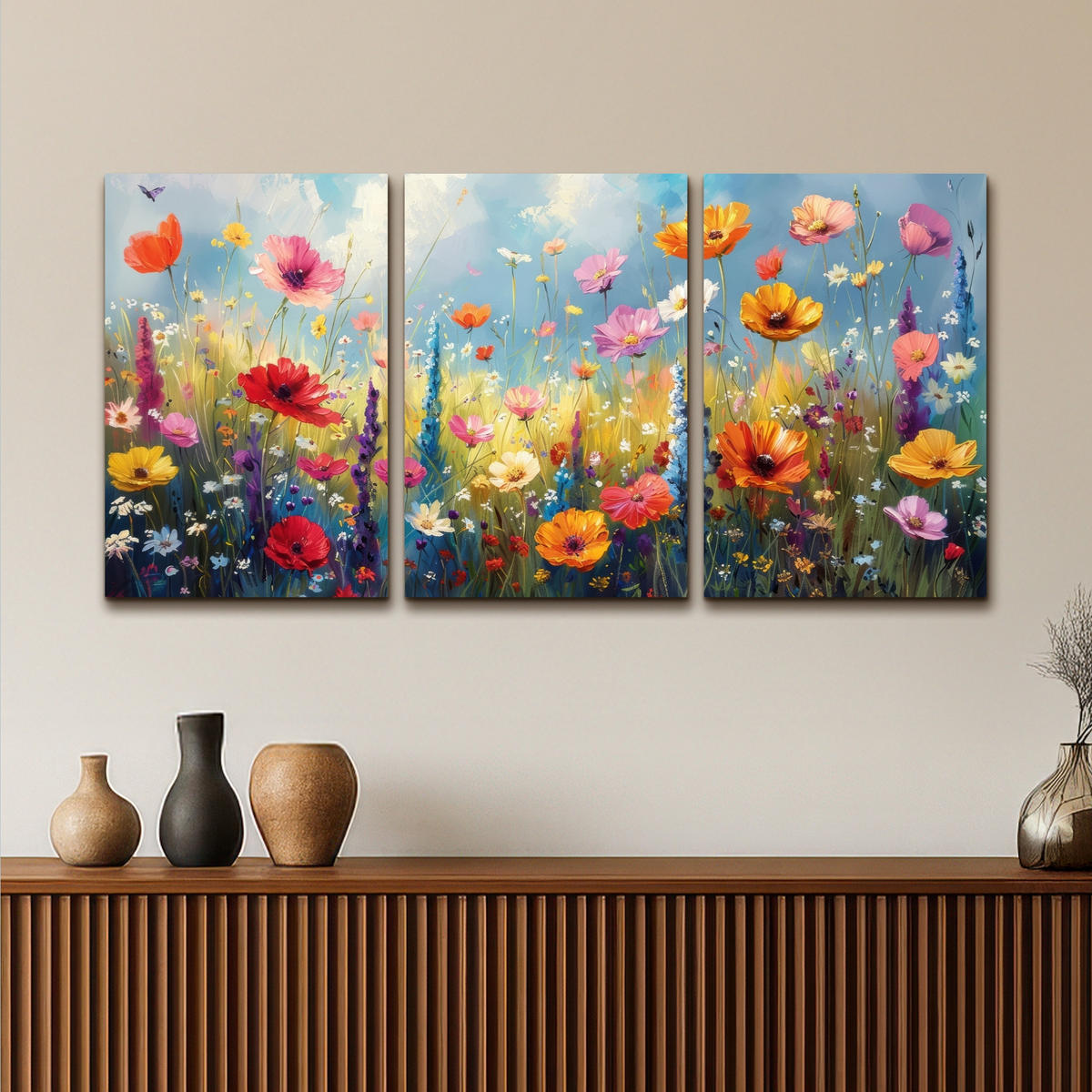 LEINWANDBILD 3er Set Blumen - Frühling - Farbenfroh - Sommerlich 120x60 cm - Orange, Textil (120/60cm) - MuchoWow