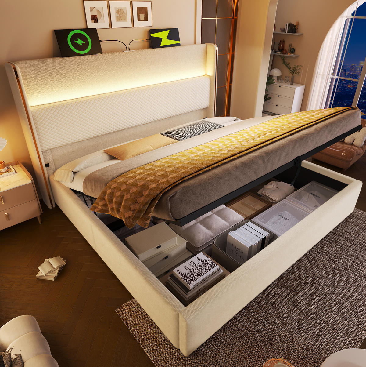 POLSTERBETT 180/200 cm mit hydraulischem Bettkasten, LED-Kopfteil & USB/Type-C, Beige - Beige, Textil (180/200cm) - Redom