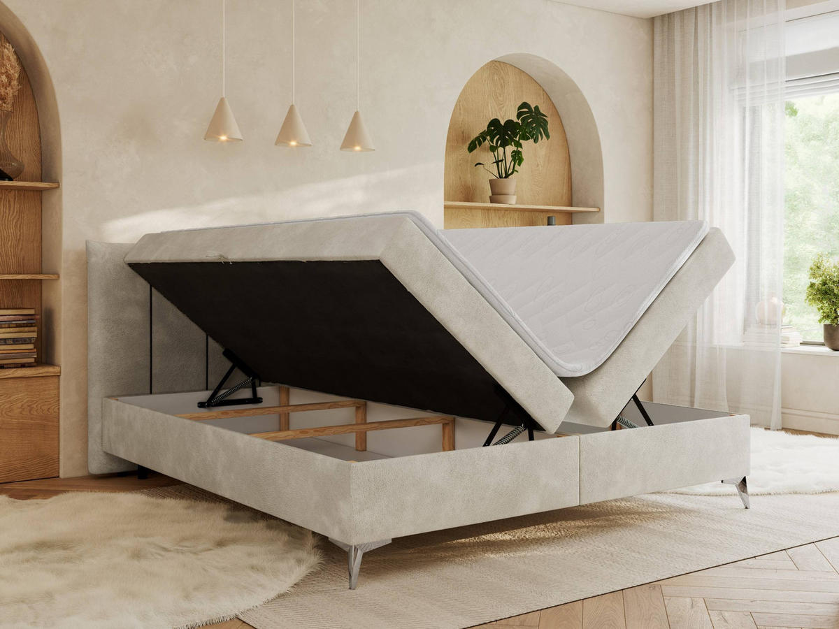BOXBETT DRINEA 160/200 - Hellbeige Velours - H4 - Beige, Textil (160/200cm) - MKS