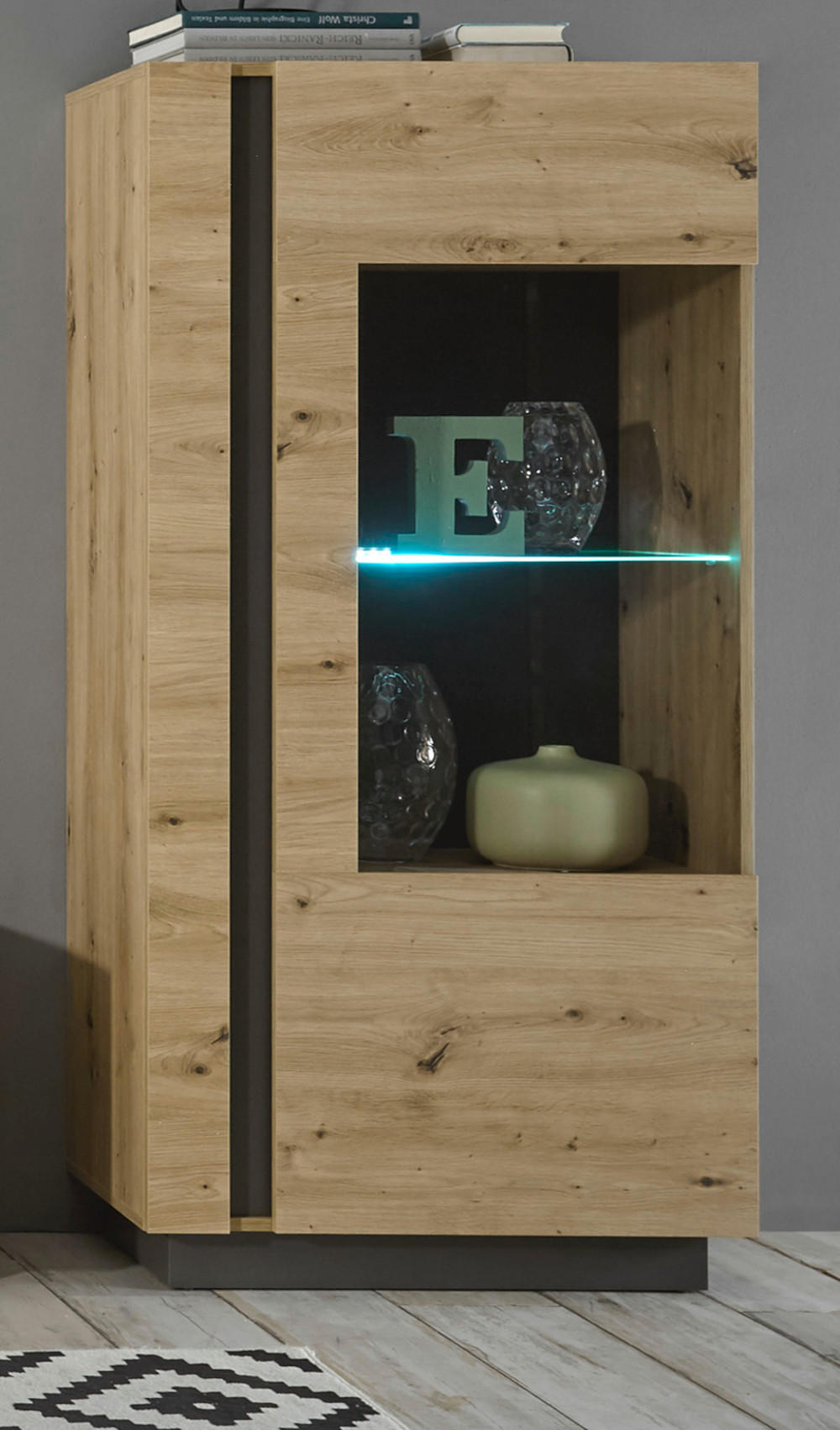 Thumbnail - Furn.Design Vitrine, Eiche Artisan, Grau, Holzwerkstoff, Glas, Nachbildung,Eiche, Uni, 3 Fächer, Sockel, 72x154x40 cm, W...