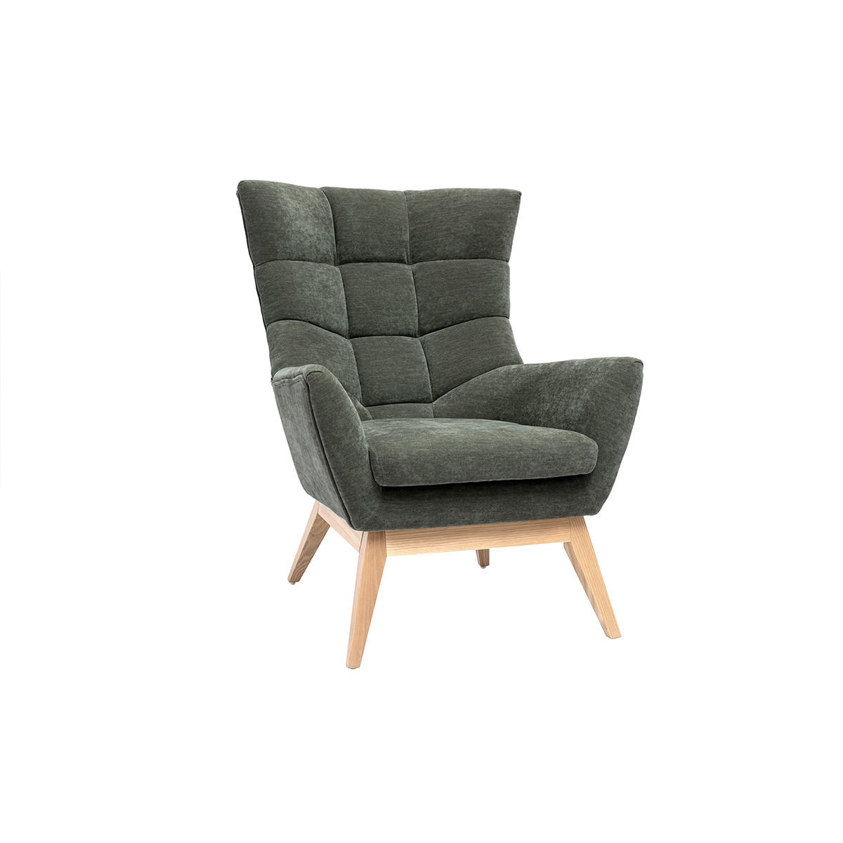 SESSEL Skandinavisch Samteffekt Khaki Holz BRODY - Grün, Textil (93/101/75cm) - Miliboo