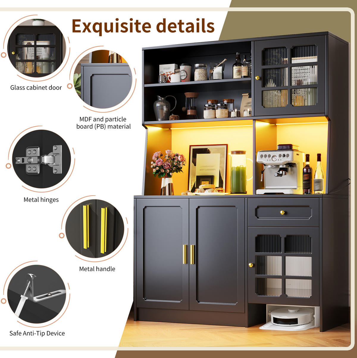 BUFFET 130/180/45 cm Schwarz aus MDF mit LED-Beleuchtung - Schwarz, Holzwerkstoff (45/180/130cm) - OKMYHOME