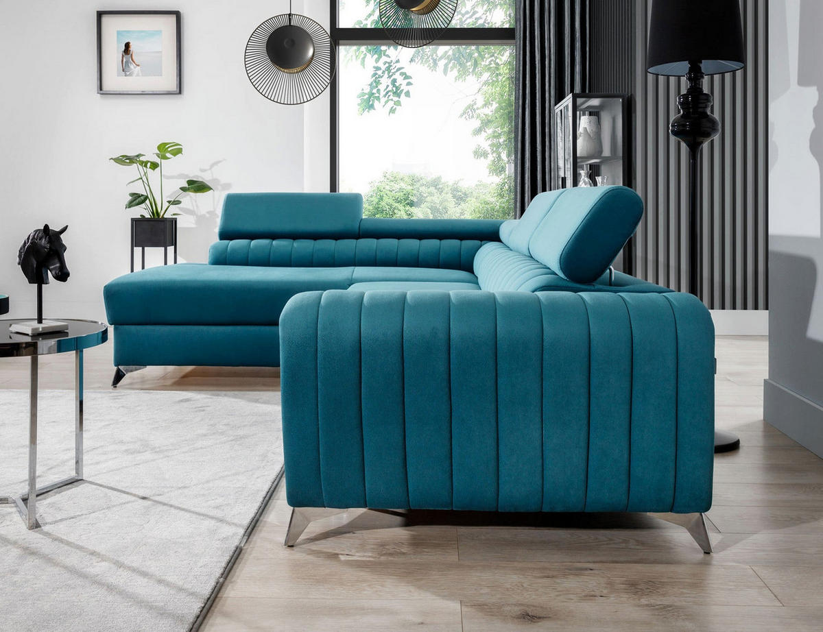 ECKSOFA Laurence mit Schlaffunktion & Bettkasten – 278 x 205 cm, verstellbare Kopfstützen - Blau, Kunststoff (278/205cm) - Wohnideebilder