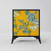 SIDEBOARD YELLOW CHINOISERIE, Schwarz, 57,5x42x70,5 cm, Schwarze Metall-Sternfüße - Multicolor/Schwarz, Holzwerkstoff/Metall (57.5/70.5/42cm) - SpaceRebels