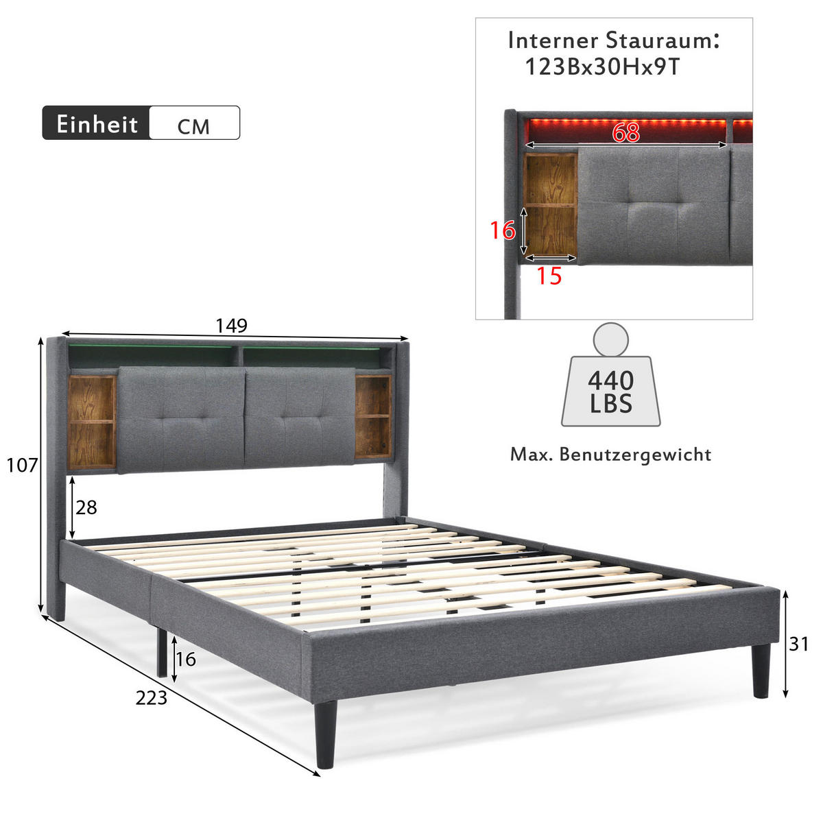 POLSTERBETT 140/200 cm Grau mit Stauraum-Kopfteil, USB-Anschlüssen und LED-Beleuchtung Mit Matratze - Grau, Holz (140/200cm) - OKWISH